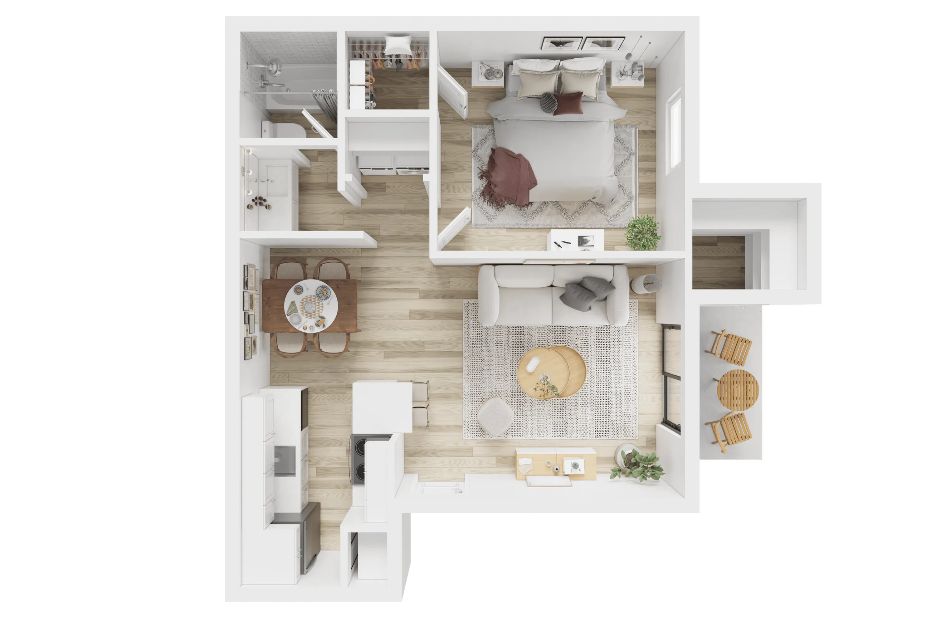 Modern 1-bedroom apartment floor plan featuring an open-concept living space, cozy dining area, and private balcony.