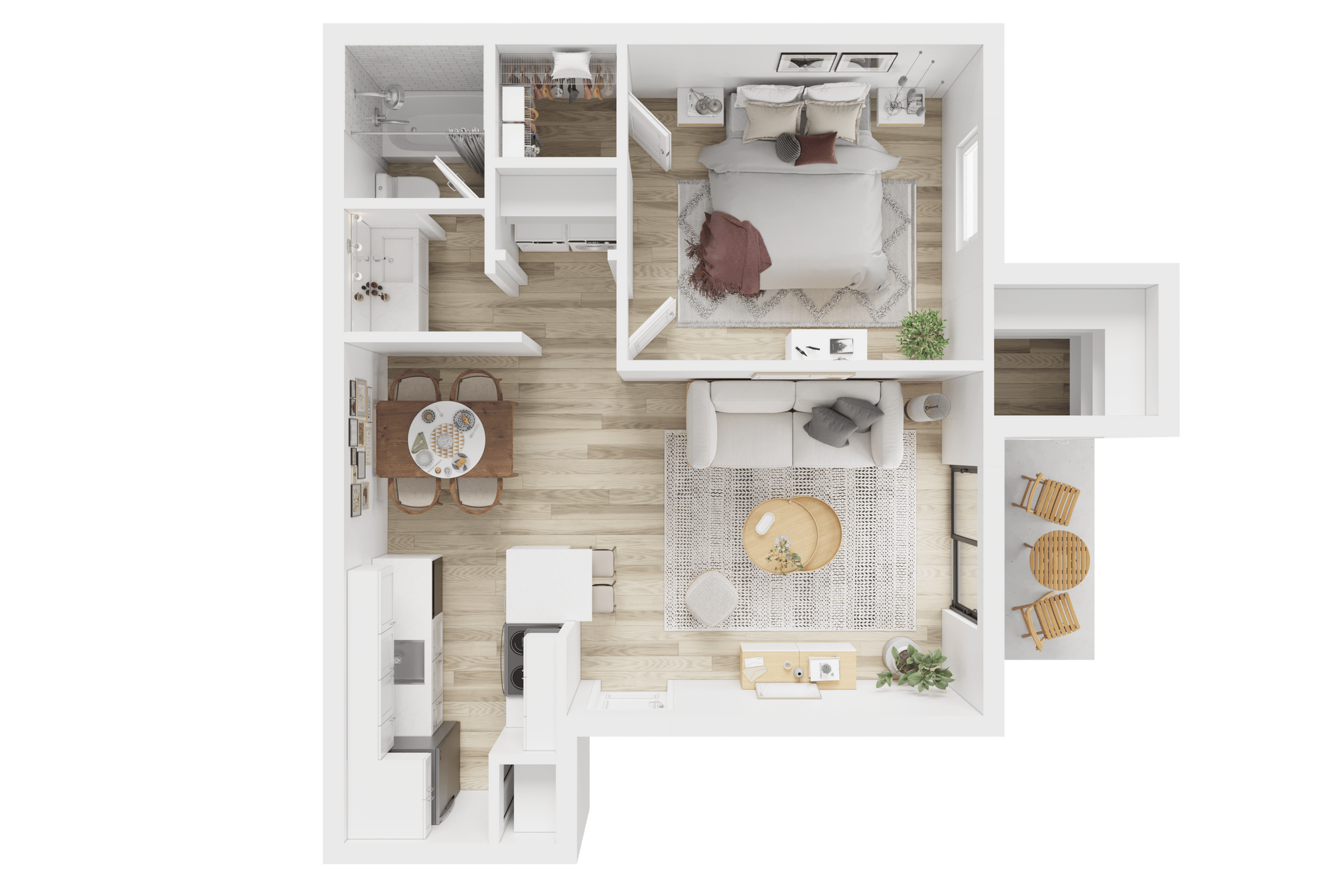 Chic apartment floor plan showcasing an elegant bedroom, cozy living room, modern kitchen, and inviting balcony area.