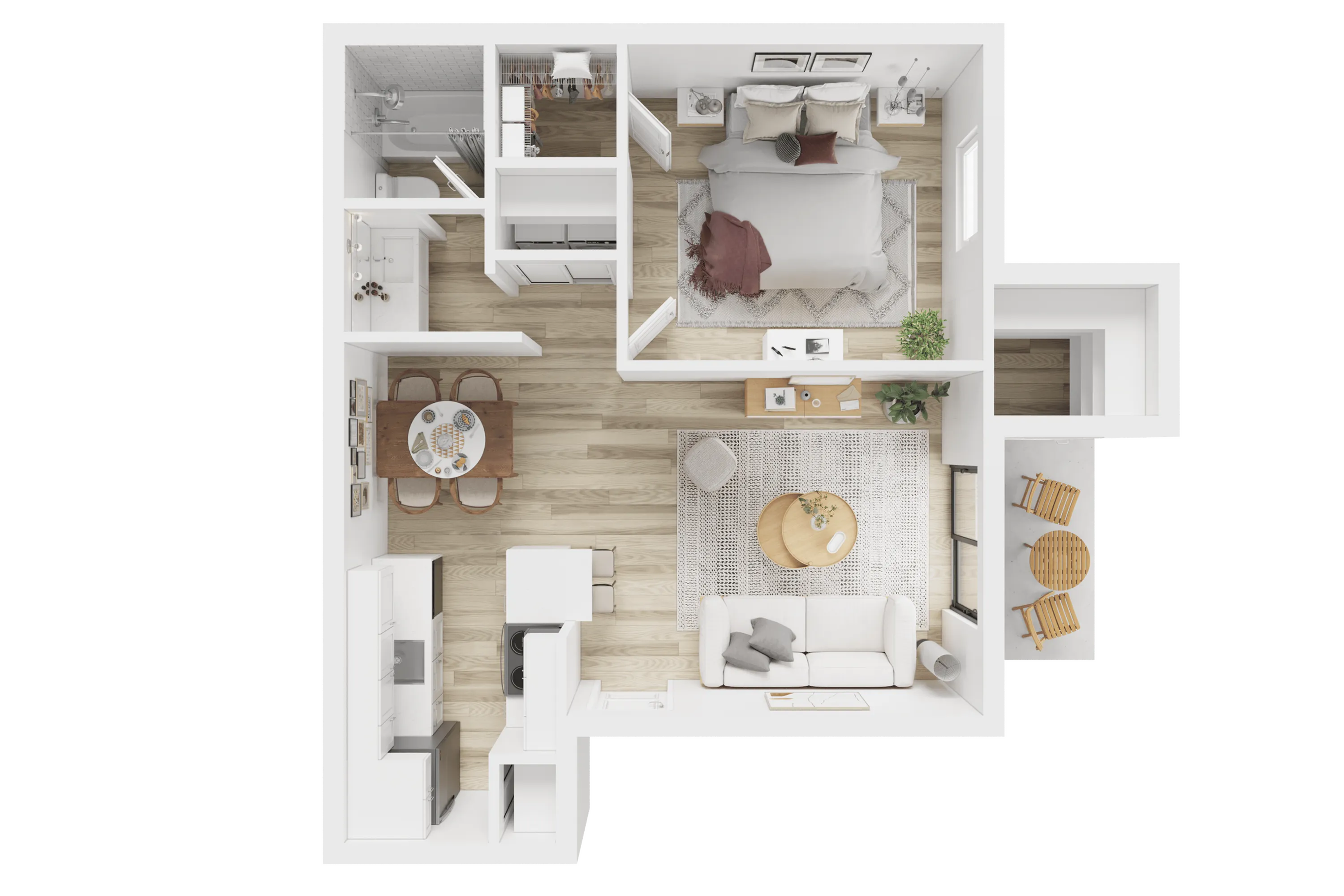 Charming 1-bedroom apartment floor plan featuring an open-concept living area, cozy dining space, modern kitchen, and inviting outdoor patio.