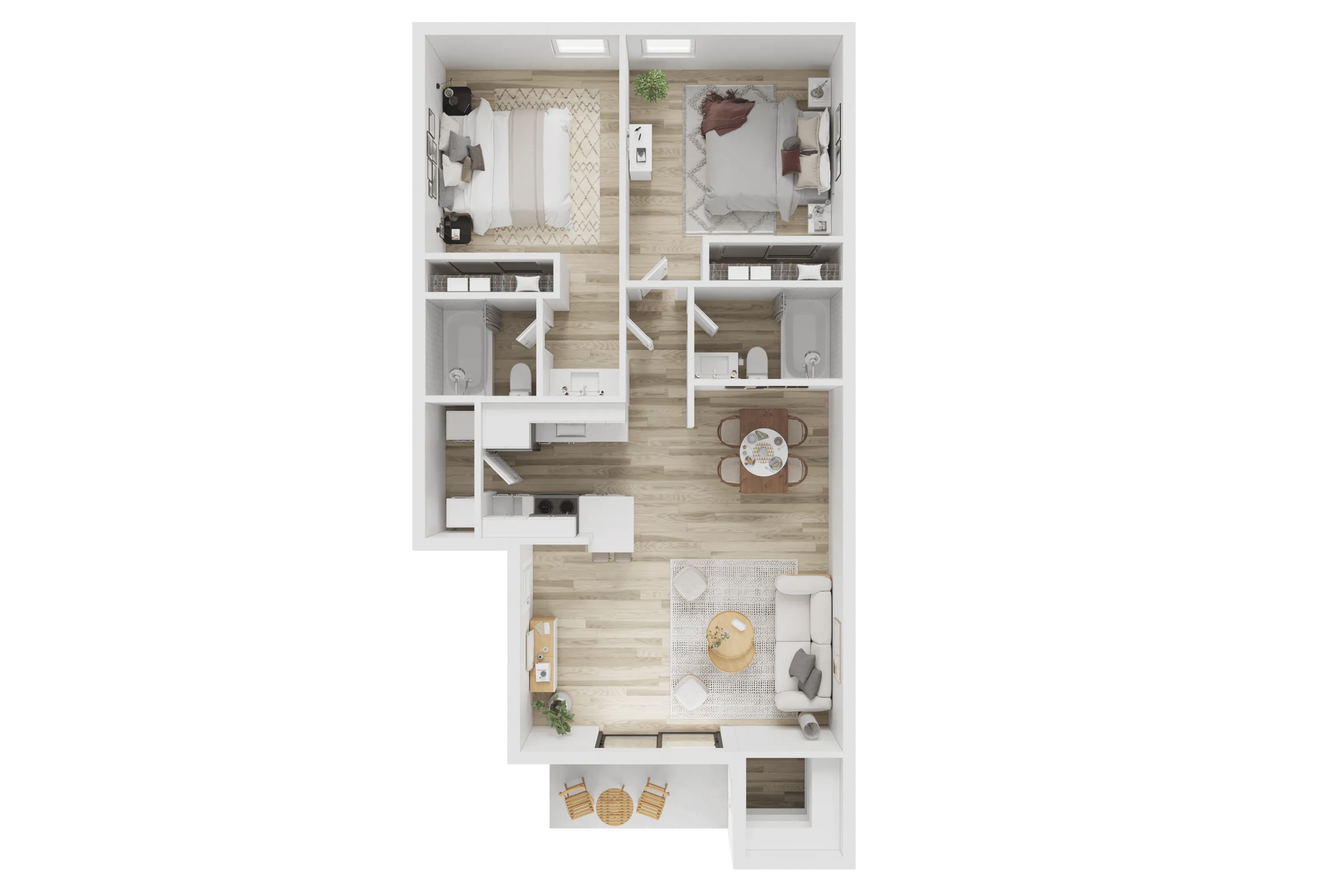 Contemporary 2-bedroom apartment floor plan with a cozy living room, modern kitchen, and two sleek bathrooms.
