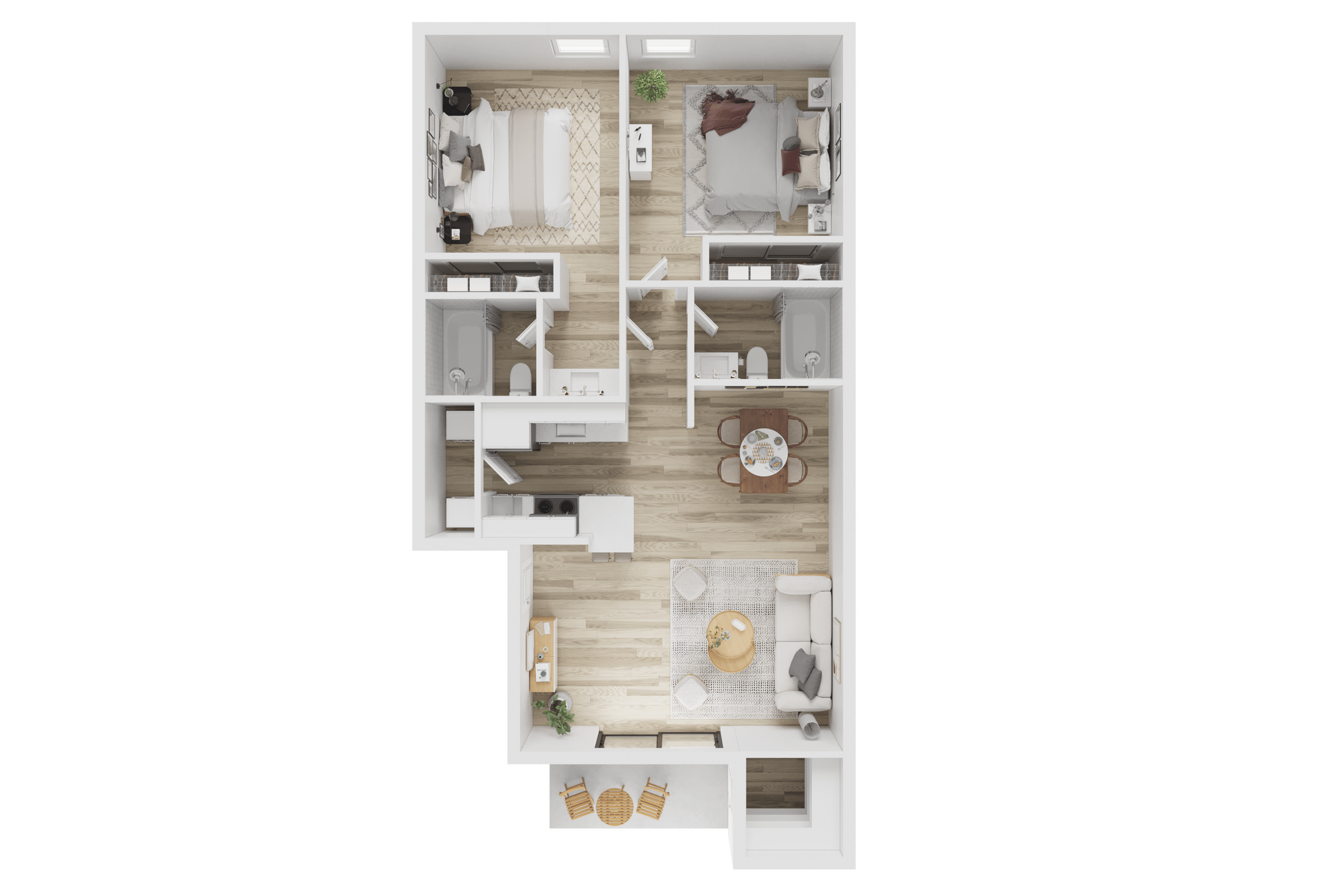Bright and modern floor plan showcasing 2 bedrooms, 2 bathrooms, and a cozy open-concept kitchen-living area with elegant hardwood flooring.