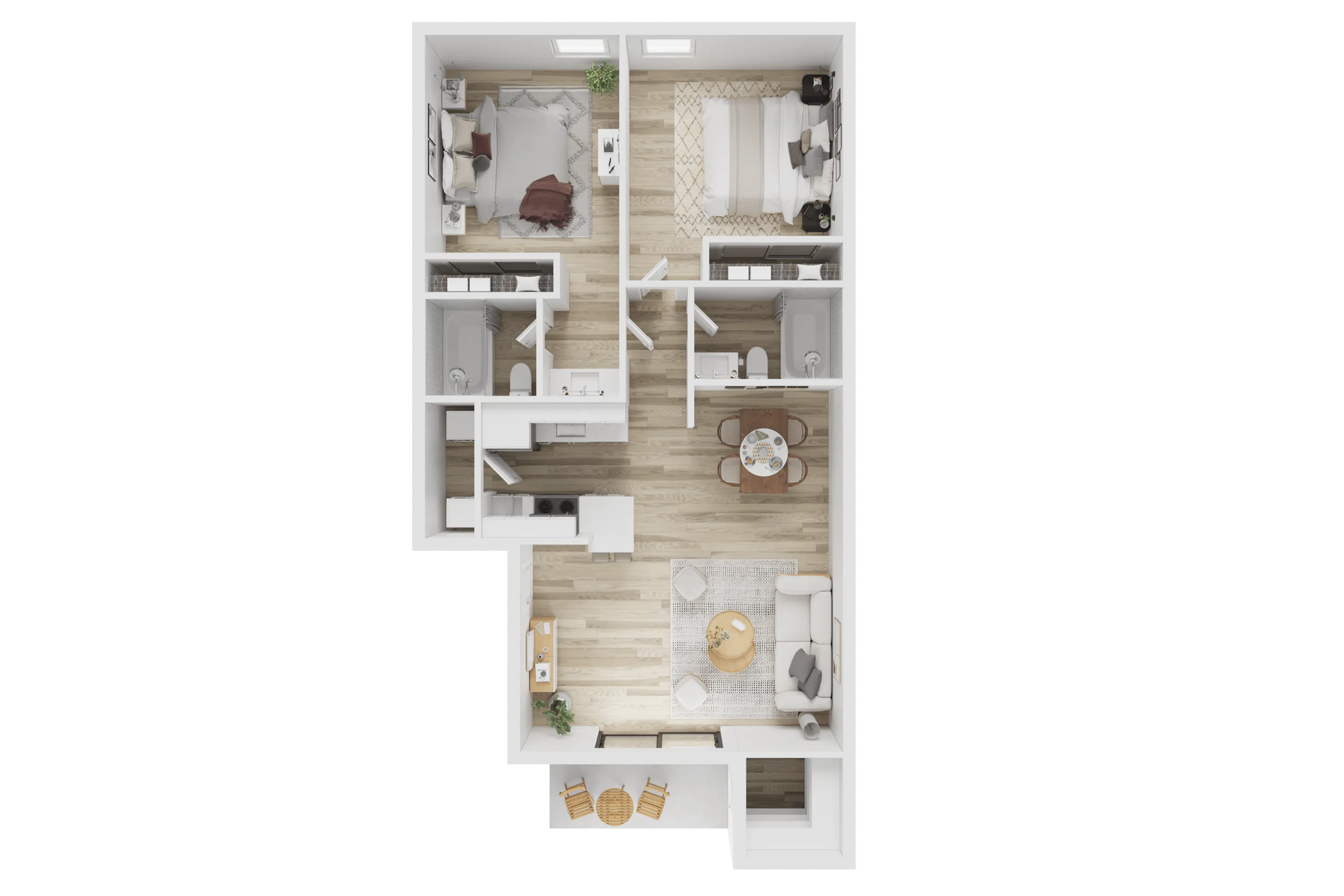 Modern 3D floor plan featuring 2 bedrooms, 2 bathrooms, an inviting open-concept living and dining area, and a cozy kitchen with balcony access.