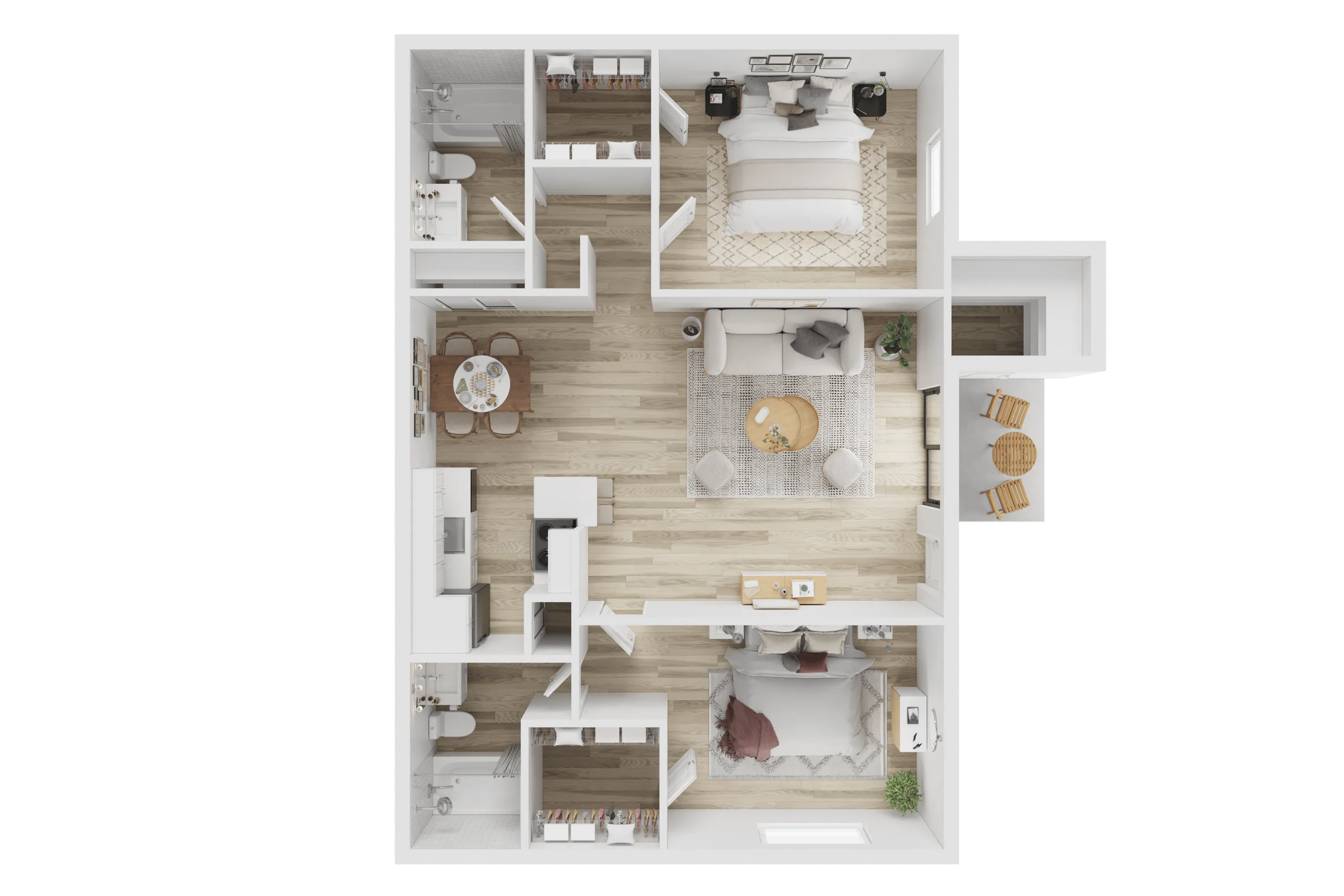 Modern floor plan showcasing a stylish 2-bedroom apartment with an open-concept living area, cozy dining space, and efficient kitchen layout.