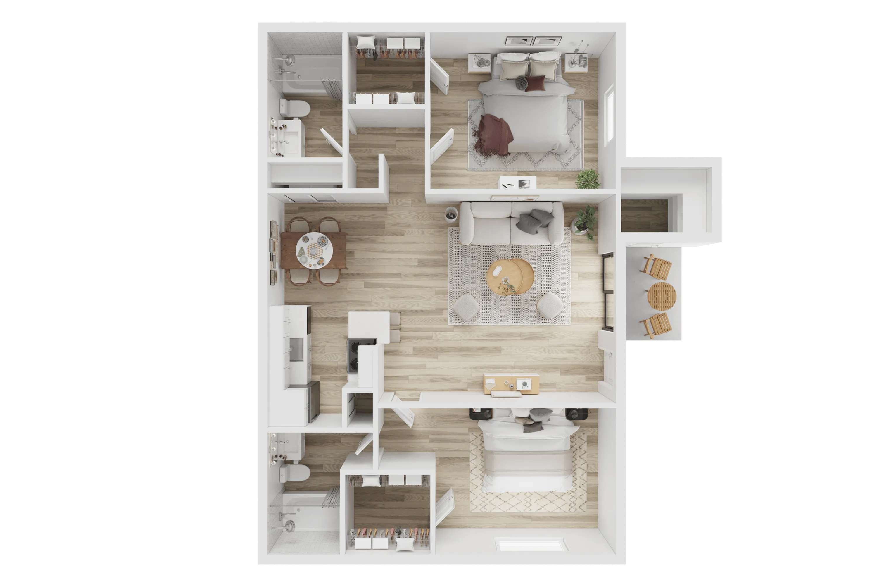 Elegant floor plan showcasing a spacious 2-bedroom apartment with modern kitchen, open living area, and cozy dining space.