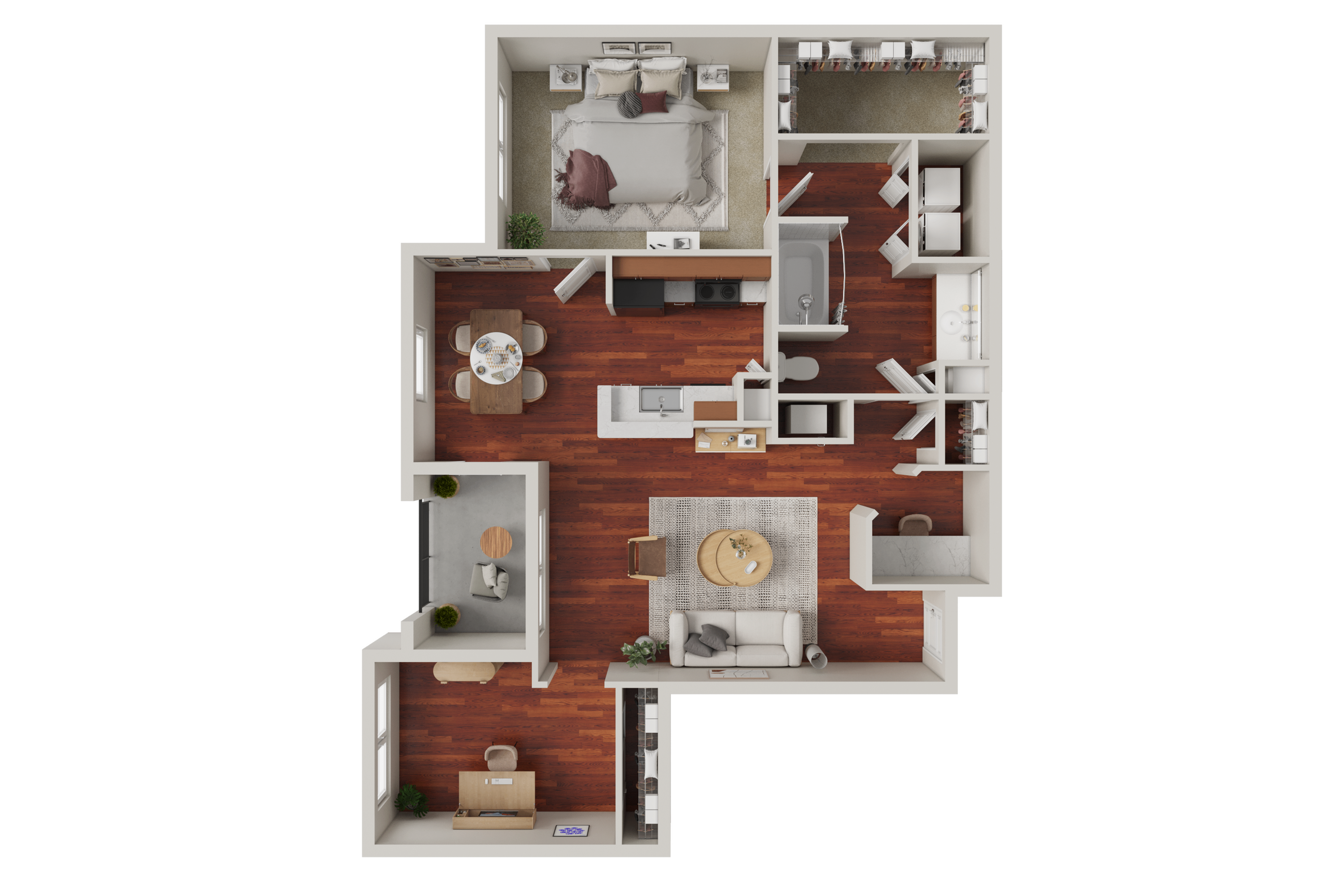 Contemporary 3D floor plan featuring a spacious bedroom, open living room, modern kitchen, and cozy dining area, all accented with sleek wooden flooring.