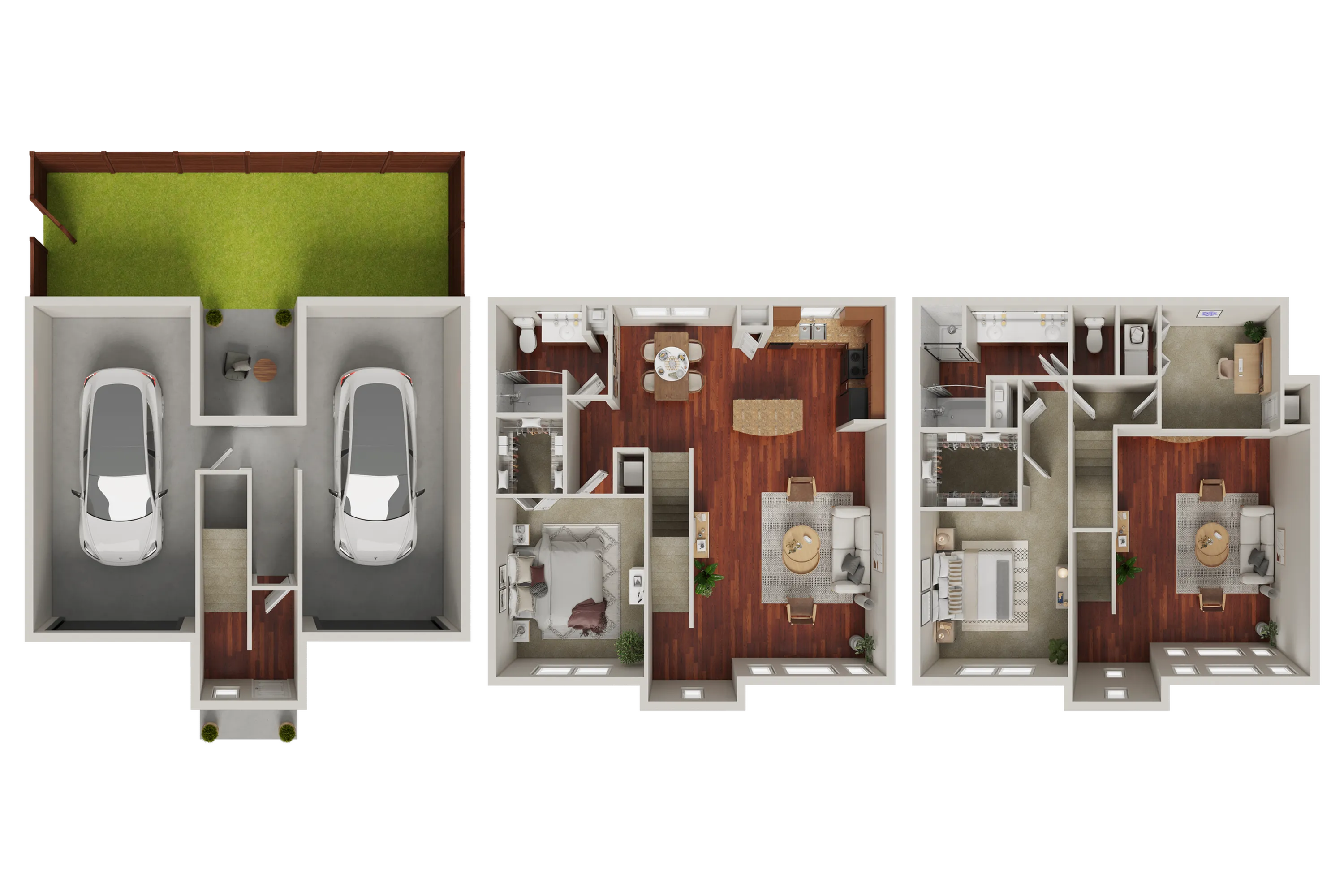 Charming 3D floor plan showcasing a modern two-story layout with two bedrooms, sleek kitchen, and cozy living area complete with a double garage and garden space.