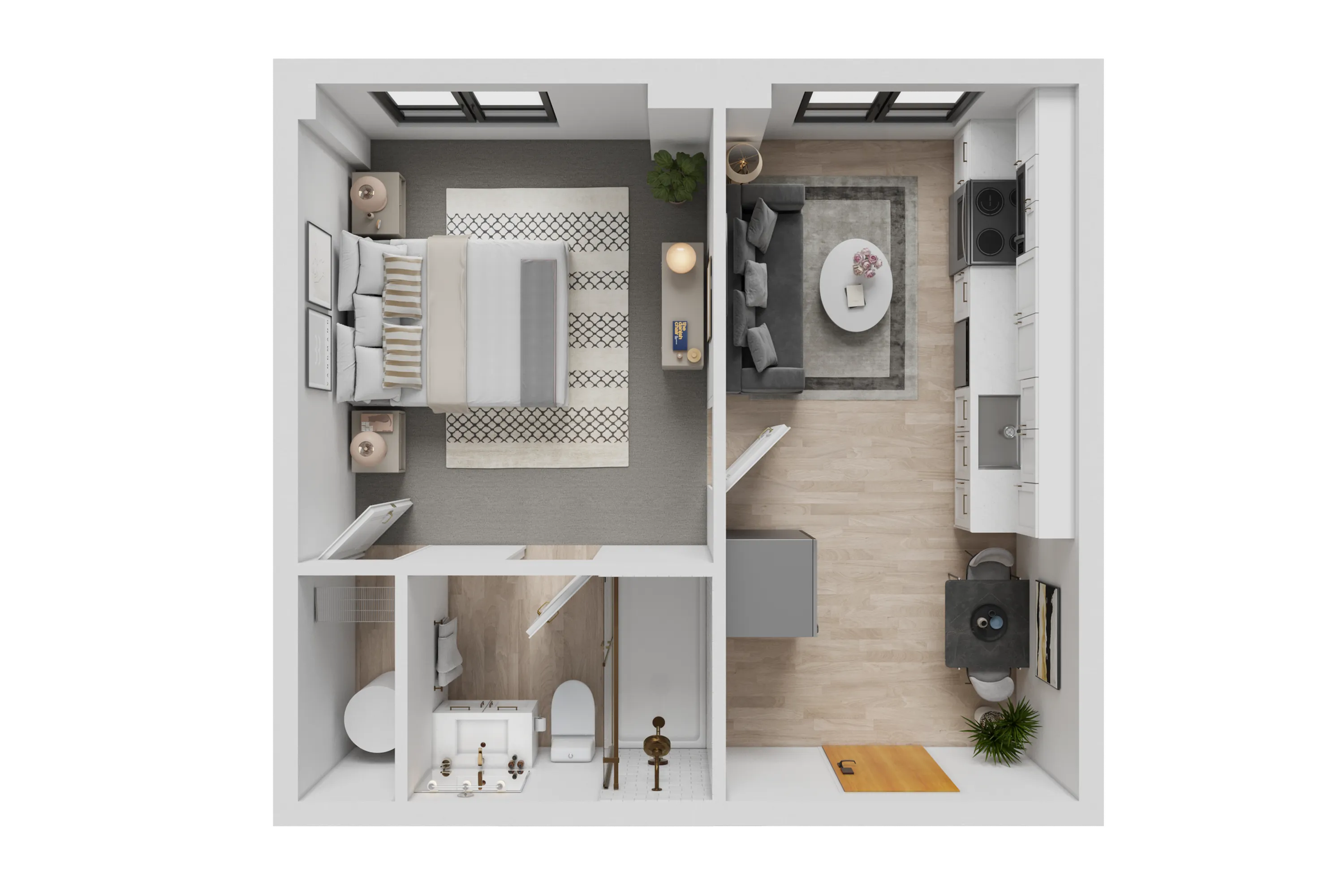 Chic 3D floor plan of a compact apartment featuring a comfortable bedroom, modern kitchen, cozy living room, and stylish bathroom.