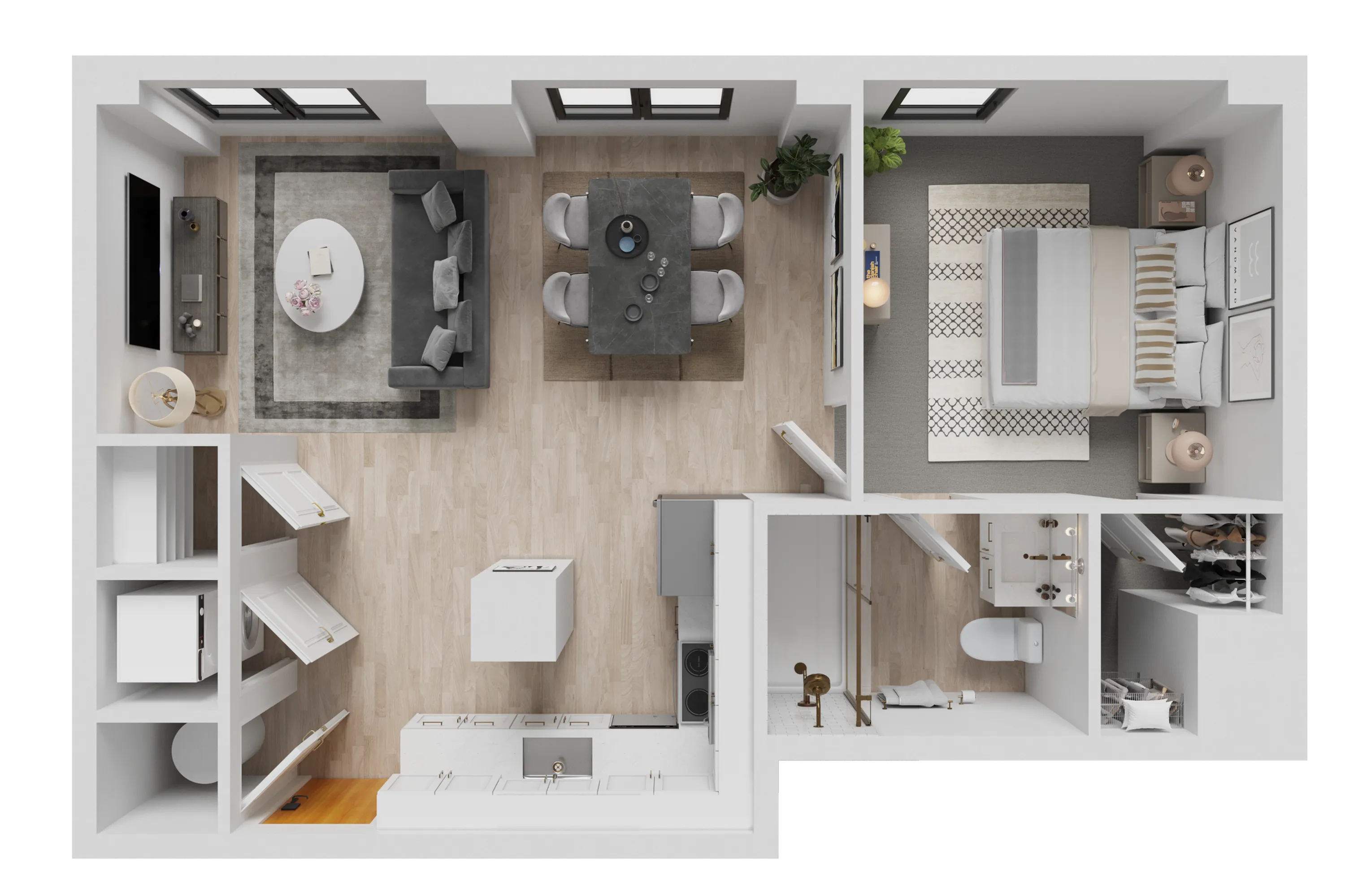 Elegant 3D floor plan showcasing a cozy 1-bedroom layout, featuring an open living area, stylish kitchen island, and modern bathroom amenities.
