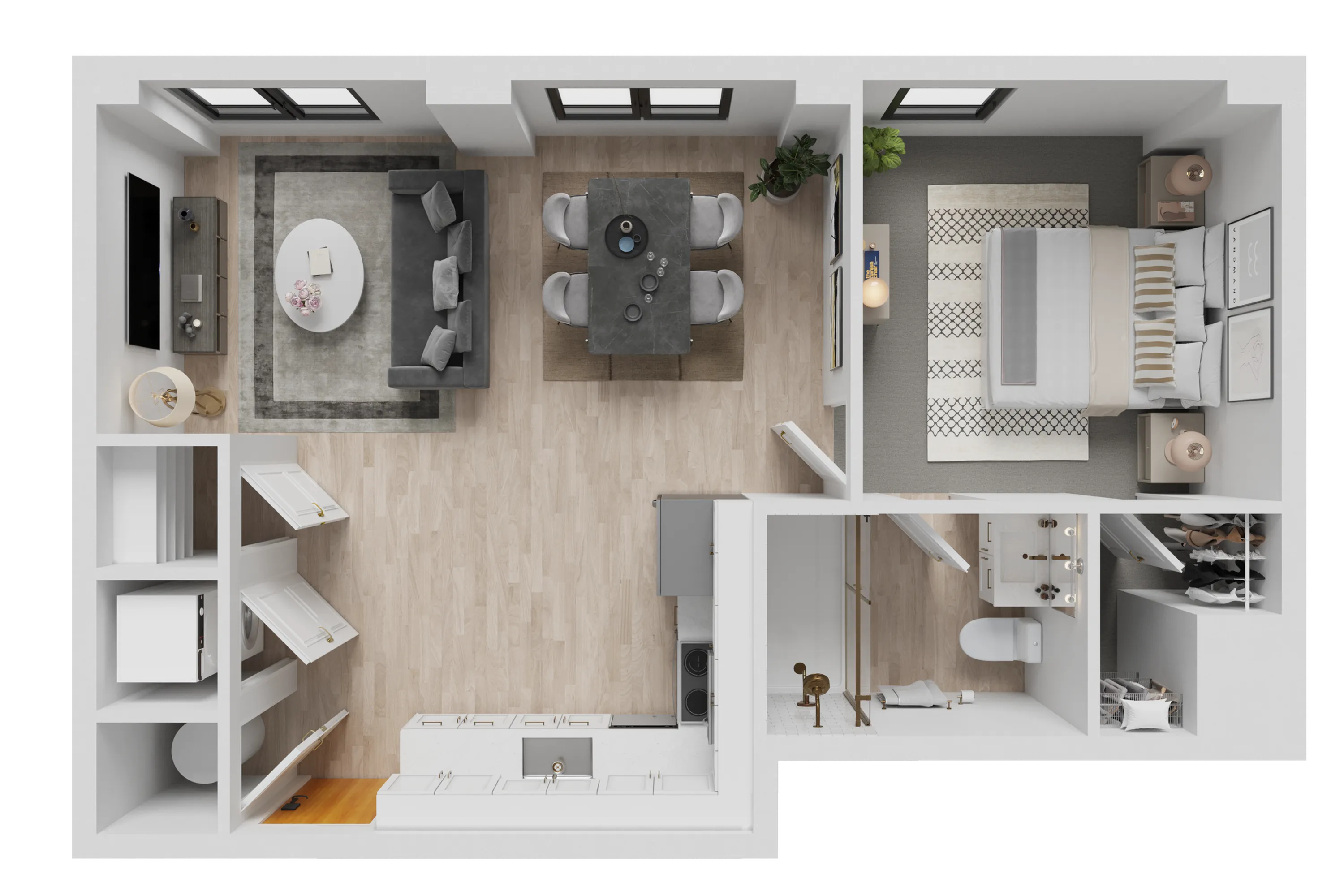 Modern 2D floor plan showcasing a cozy one-bedroom apartment with an open-concept living and dining area, chic kitchen, and elegant bathroom.