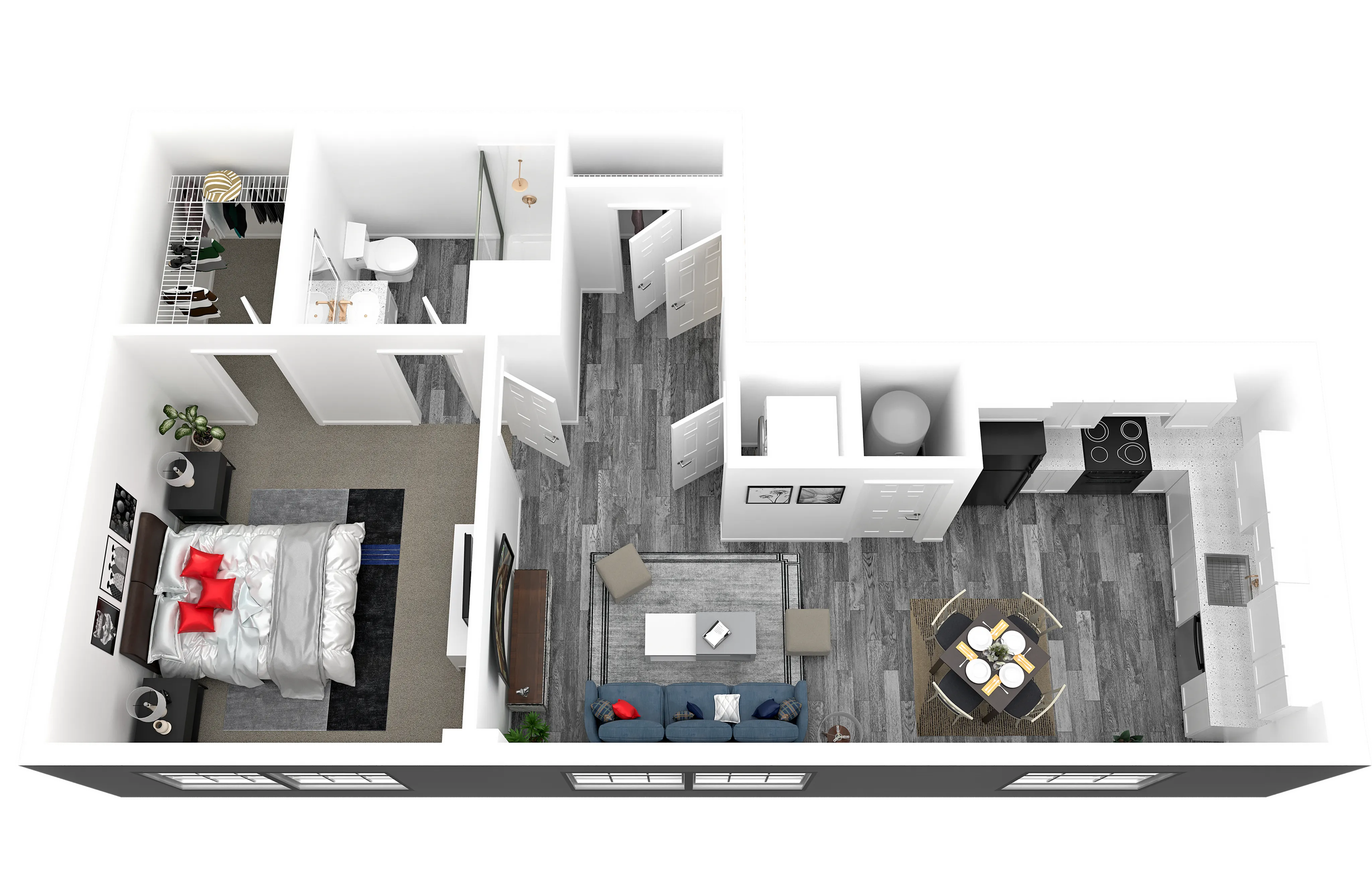 Modern 3D apartment layout featuring a cozy bedroom, sleek bathroom, and open living space with stylish kitchen and dining area.