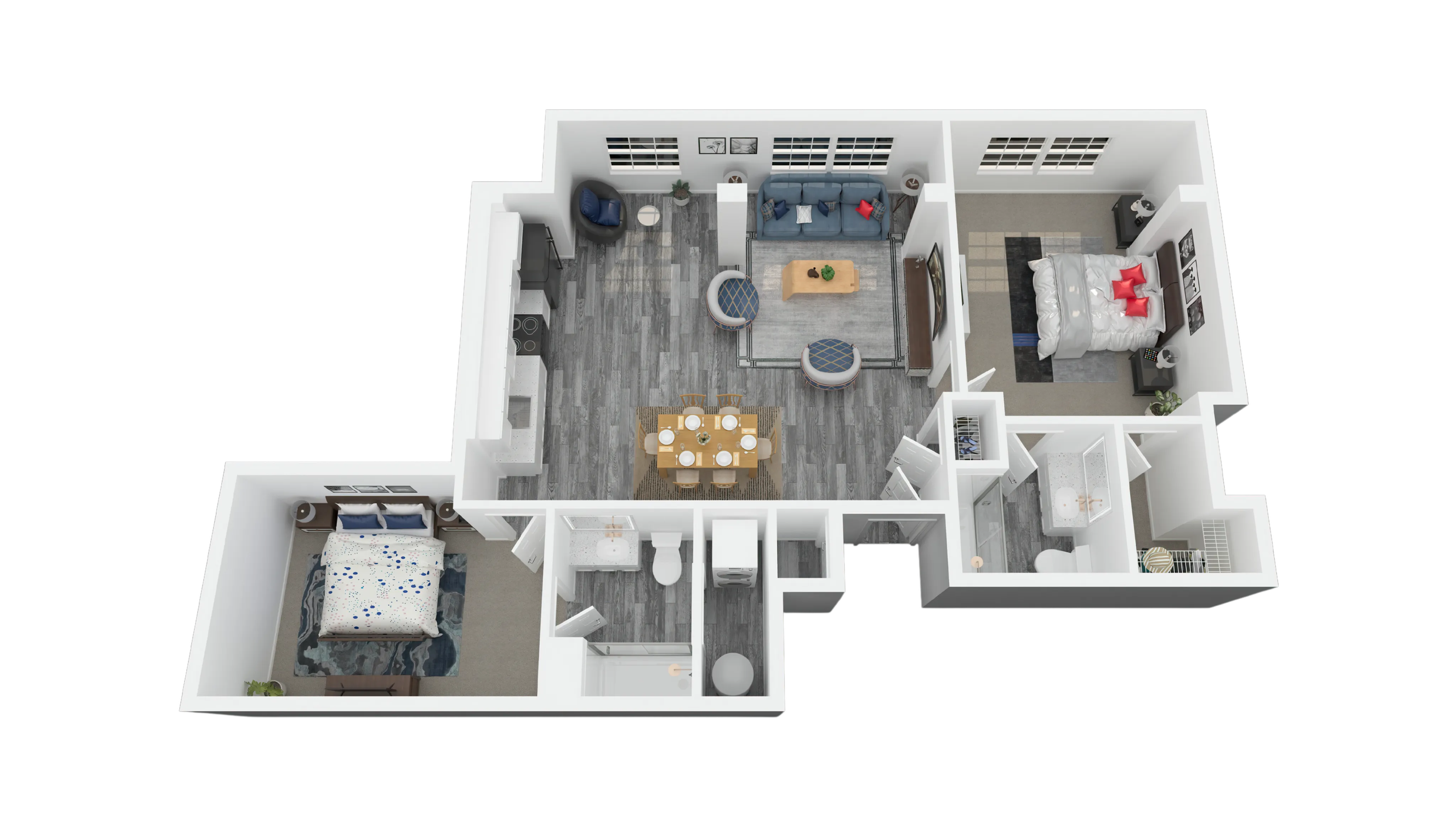 Modern 3D floor plan featuring two cozy bedrooms, an inviting living room, and a chic dining area adjacent to a sleek kitchen.