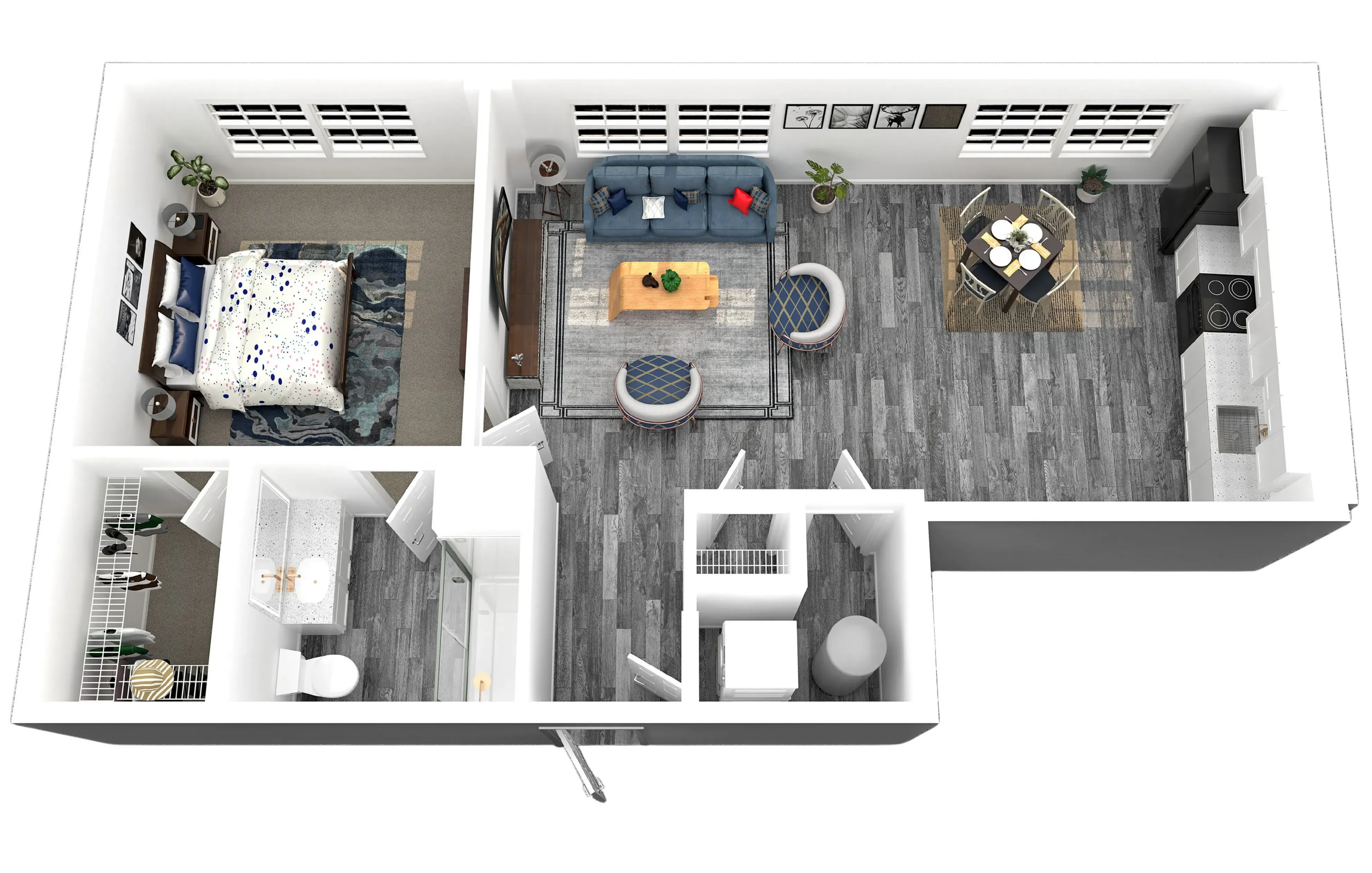 Elegant apartment floor plan featuring a spacious bedroom, open-concept living and dining area, and modern kitchen with hardwood flooring.