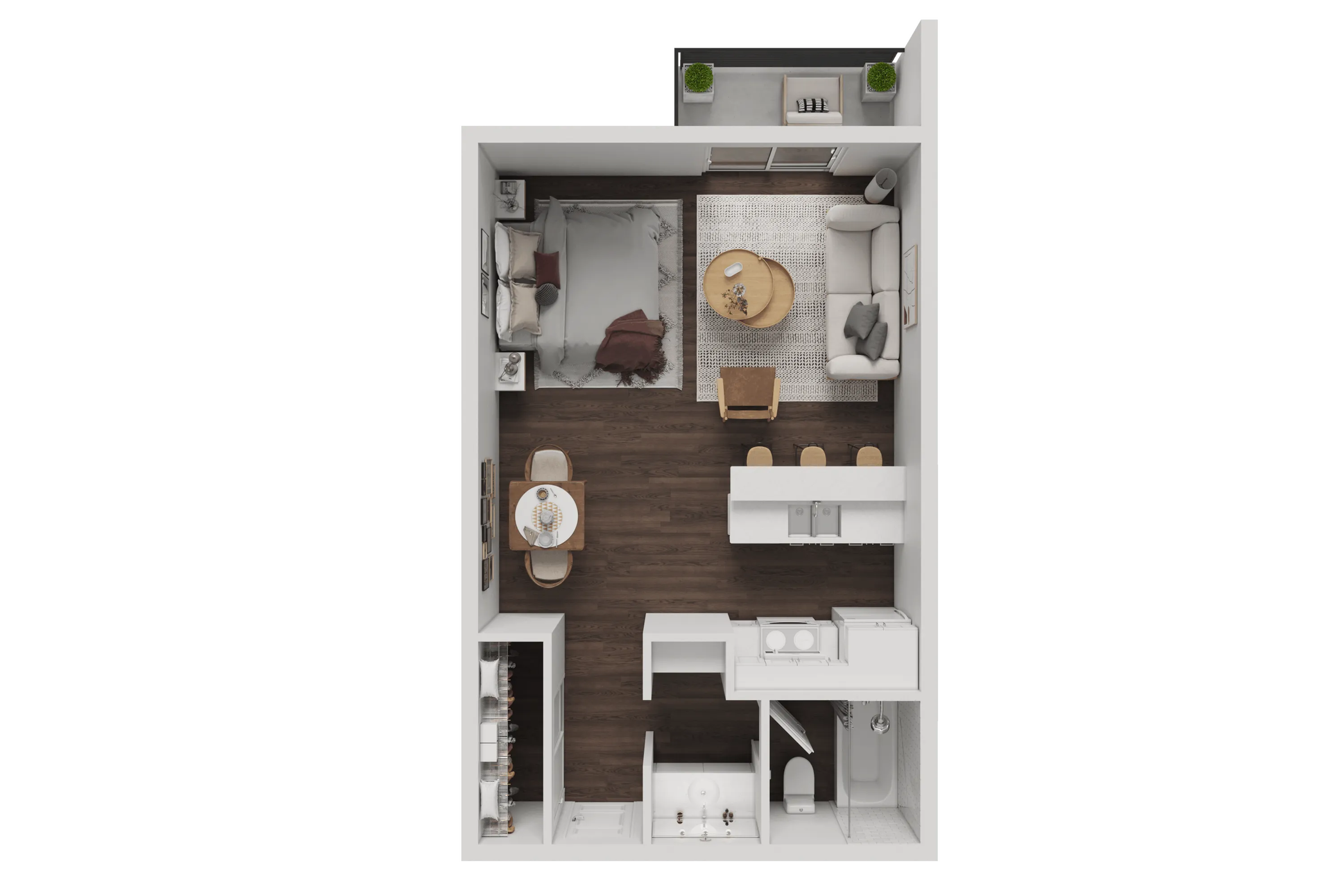 Modern apartment floor plan showcasing an open-plan kitchen and living area, cozy bedroom, and stylish bathroom layout.