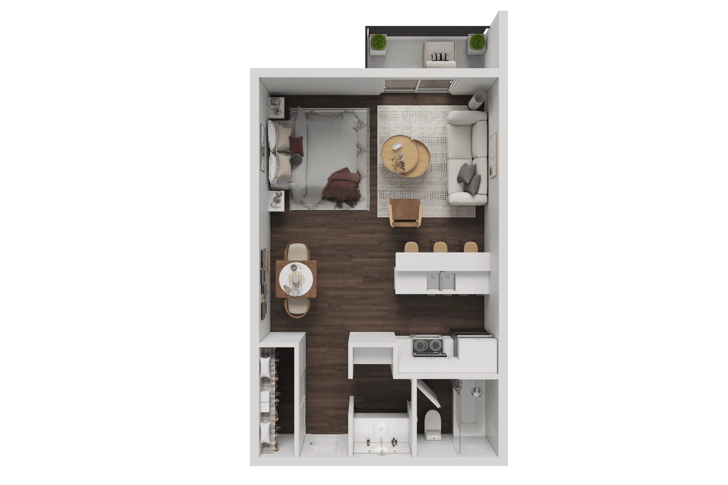 Modern studio apartment floor plan featuring an open-concept living area with cozy seating, a sleek kitchen, a stylish dining space, and a spacious bedroom with outdoor access.