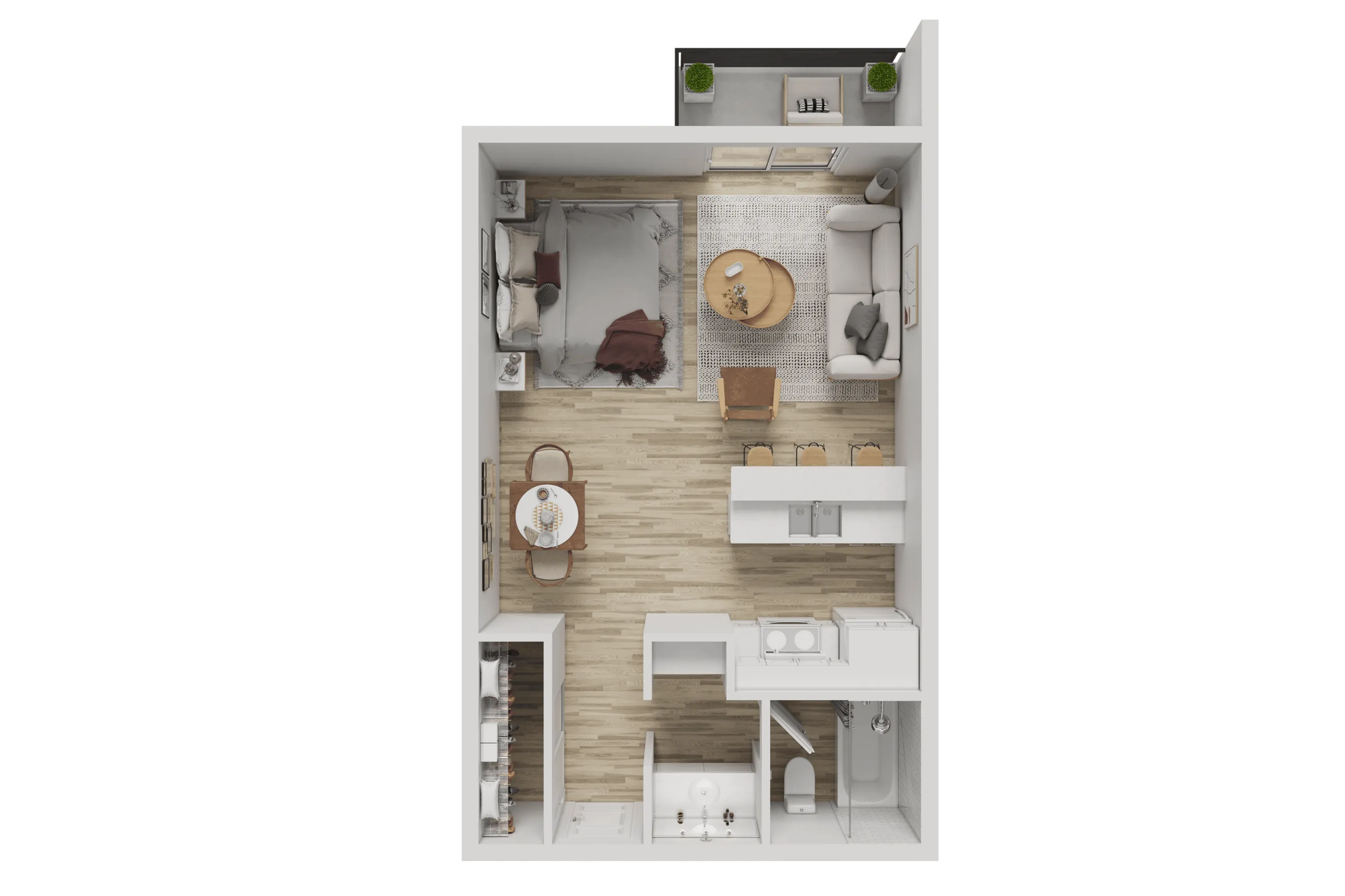 Chic open-concept apartment floor plan featuring a cozy bedroom, sleek kitchen with breakfast bar, and a stylish living area with a modern touch.