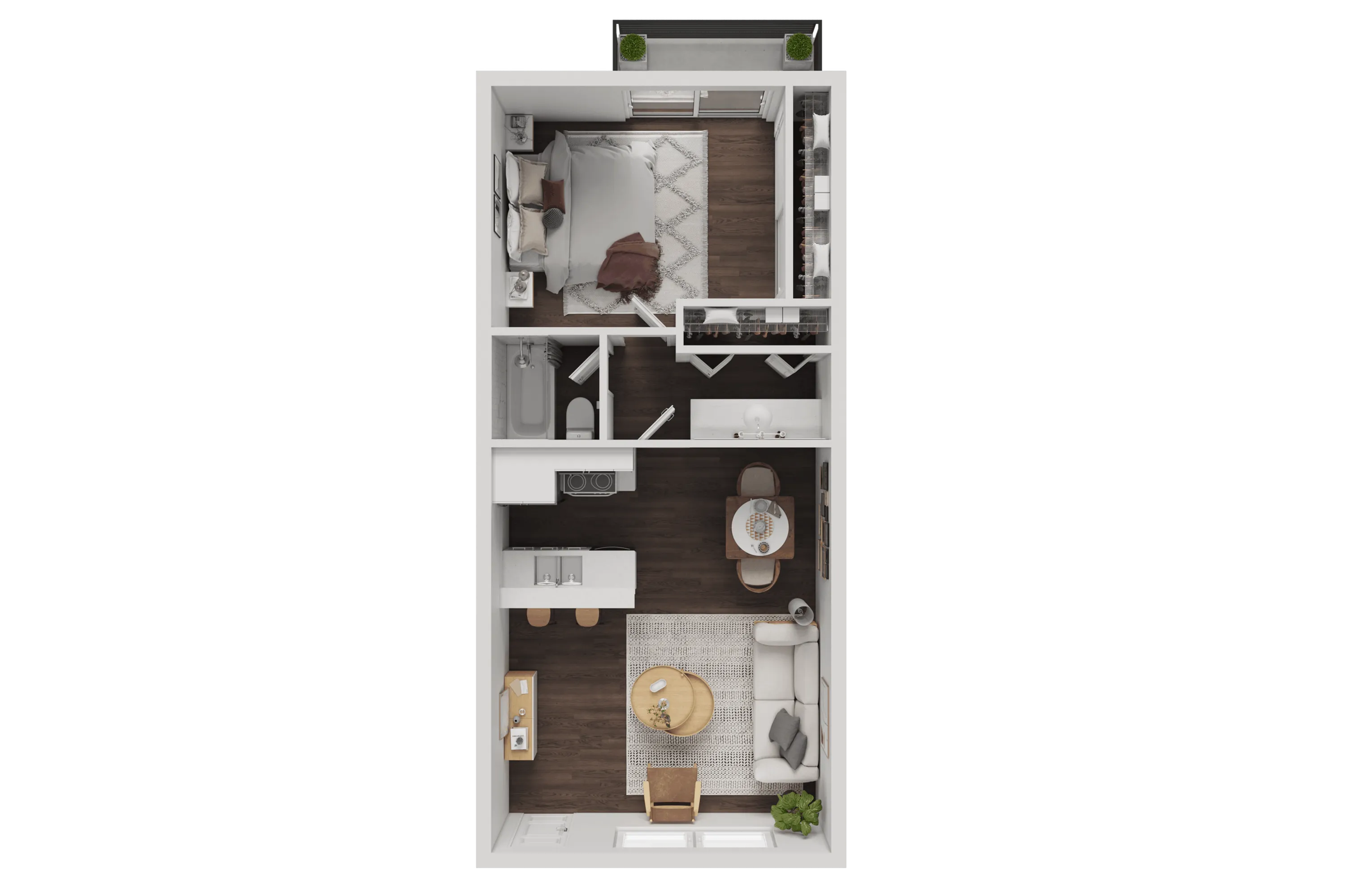 Contemporary floor plan showcasing a cozy one-bedroom apartment with an open-concept living room and kitchen, featuring stylish furnishings and a modern bathroom.