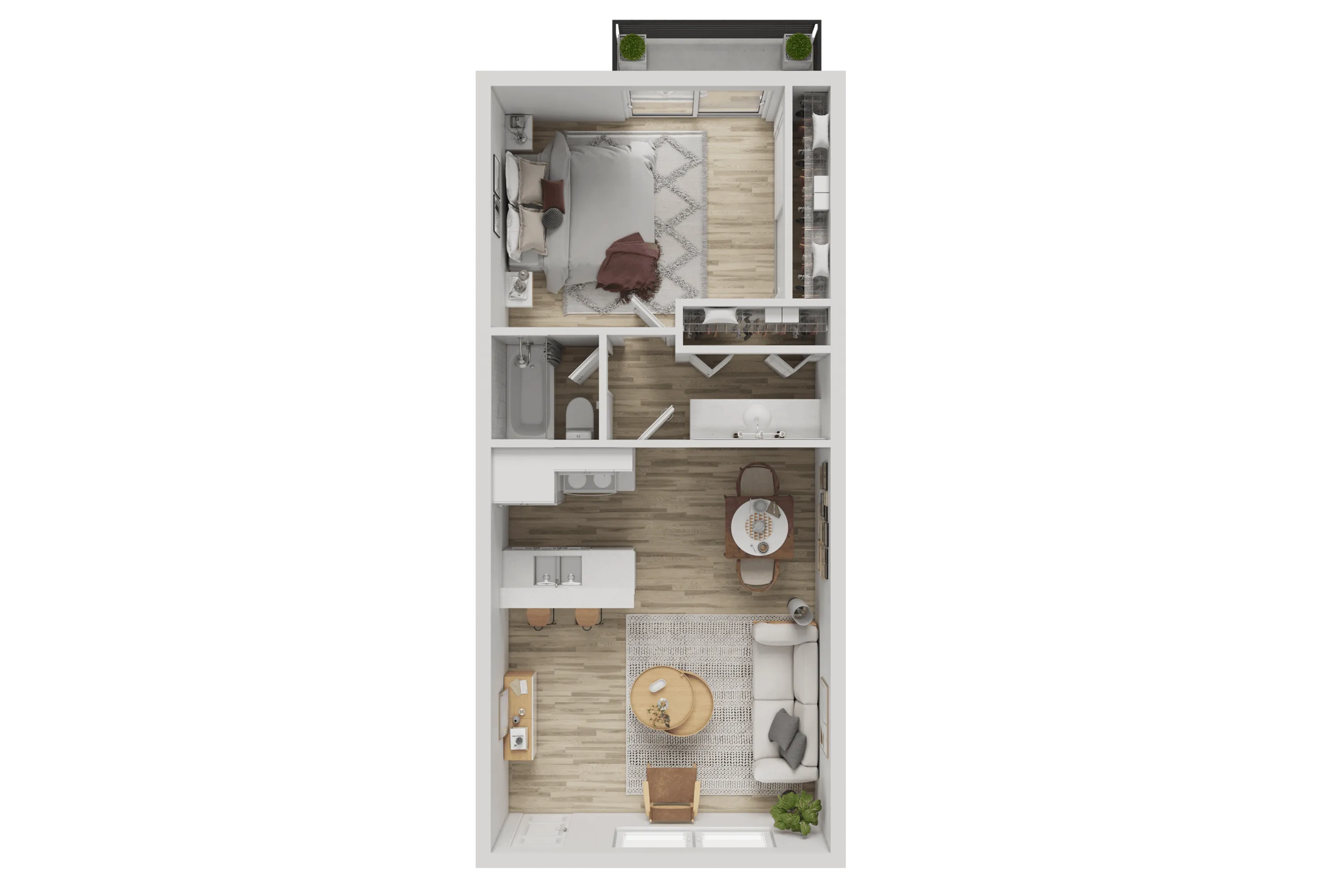 Inviting 3D floor plan showcasing a cozy one-bedroom apartment with an elegant living area, modern kitchen, and stylish bathroom.