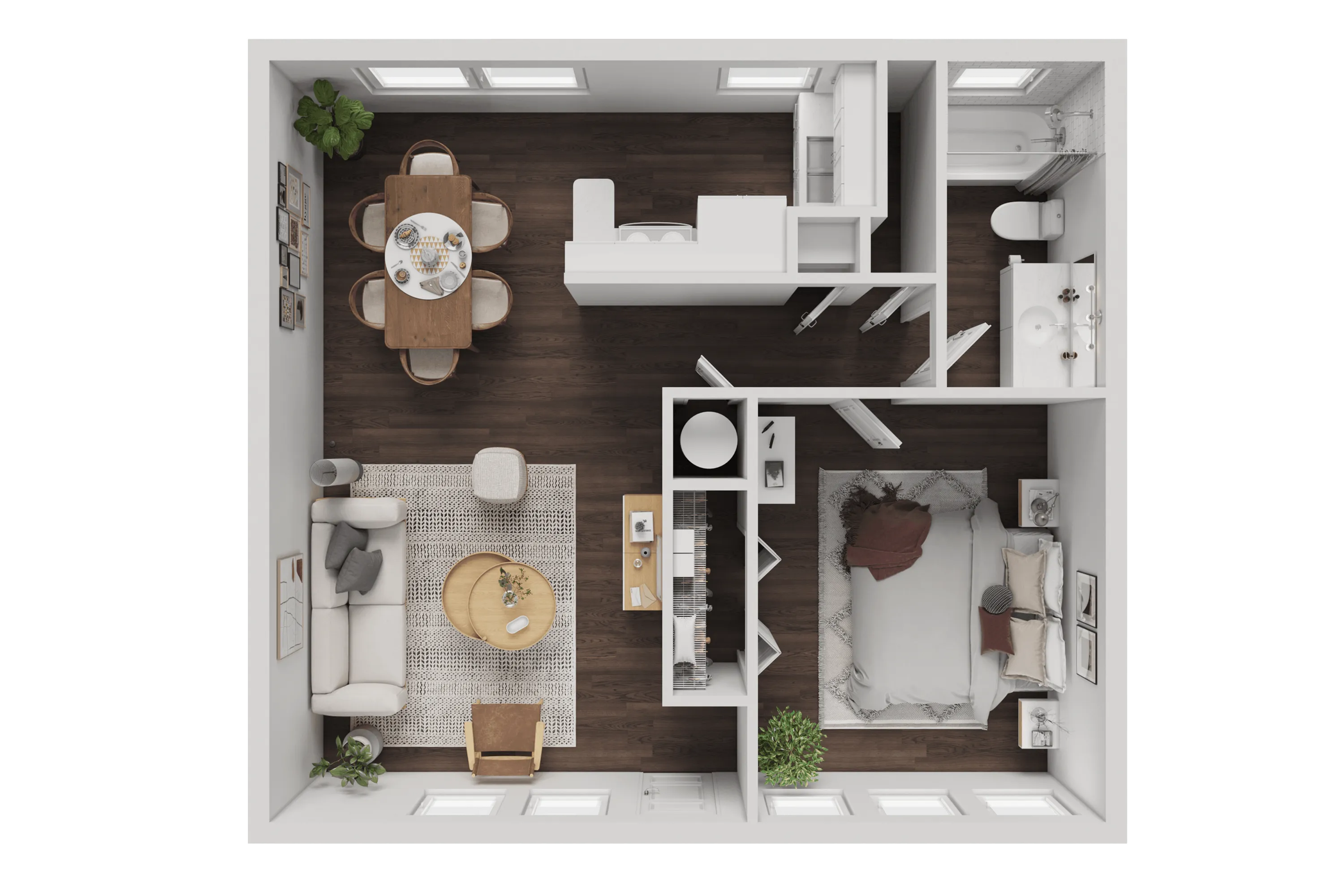 Chic open floor plan with a cozy bedroom, elegant living area, modern kitchen, and stylish dining space featuring dark hardwood floors.