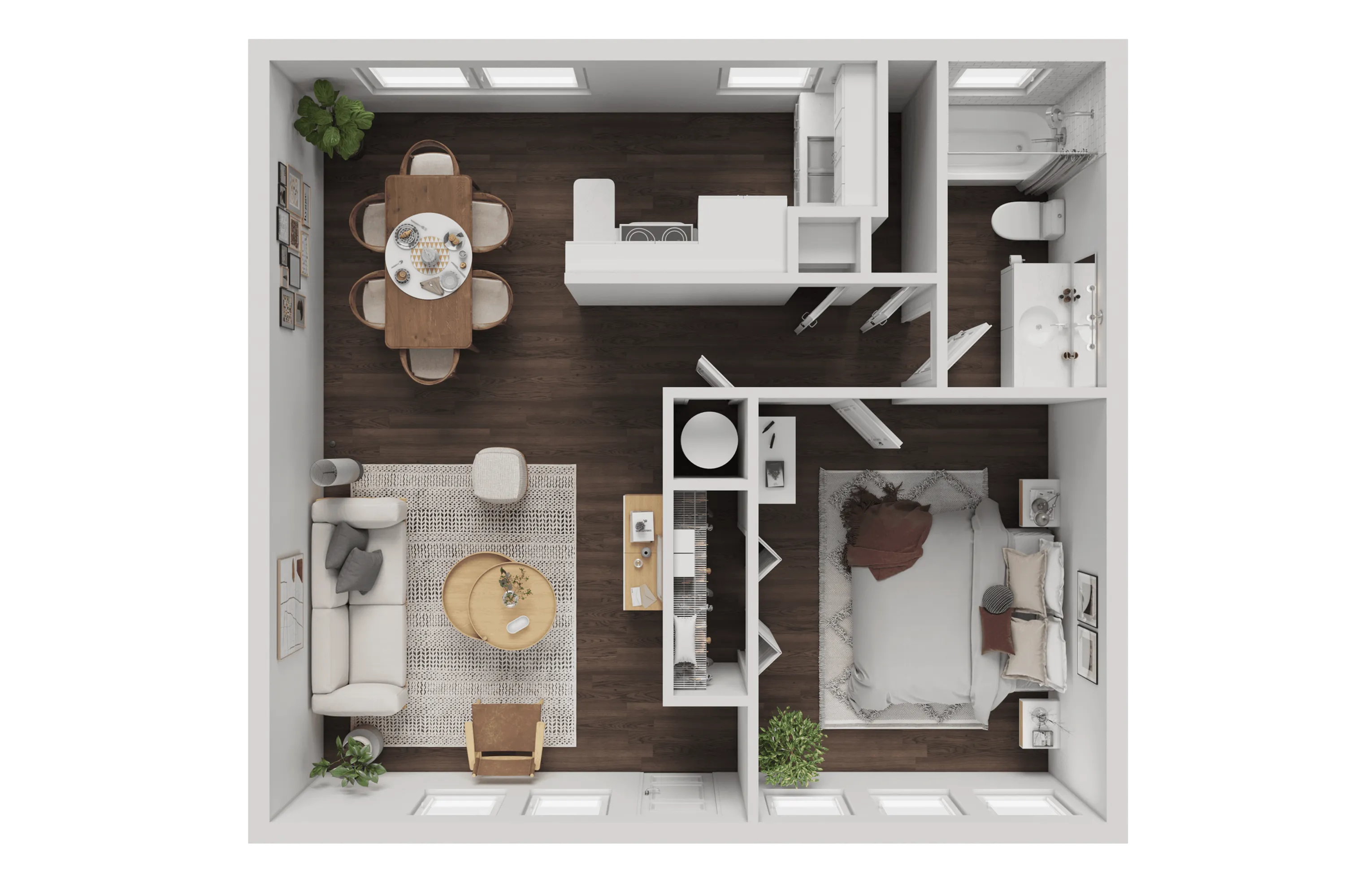 Chic 1-bedroom apartment floor plan featuring an open living and dining area, modern kitchen, and elegant bathroom layout.