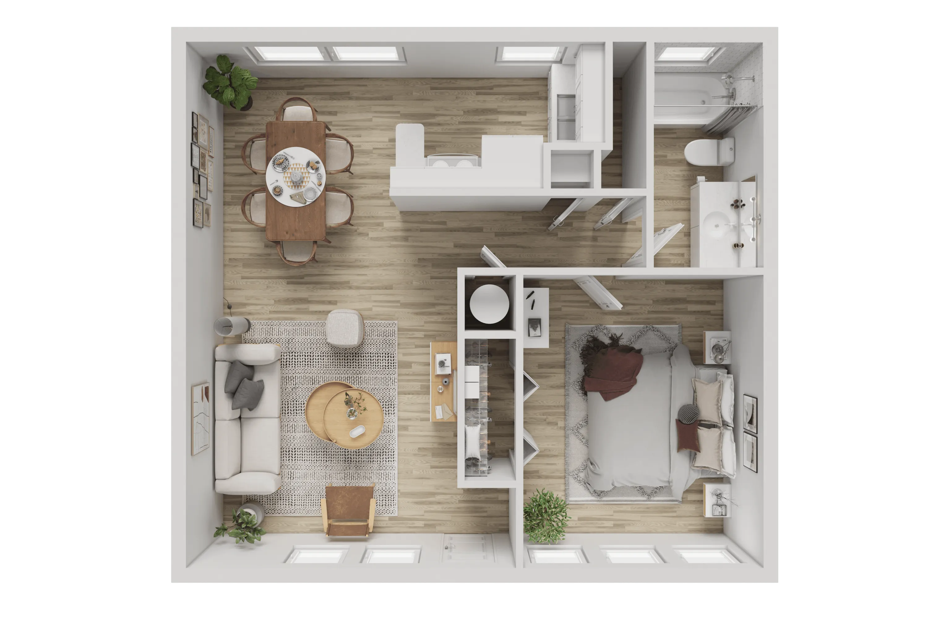 Chic 1-bedroom apartment floor plan with a cozy living area, modern kitchen, elegant dining space, and stylish bathroom.