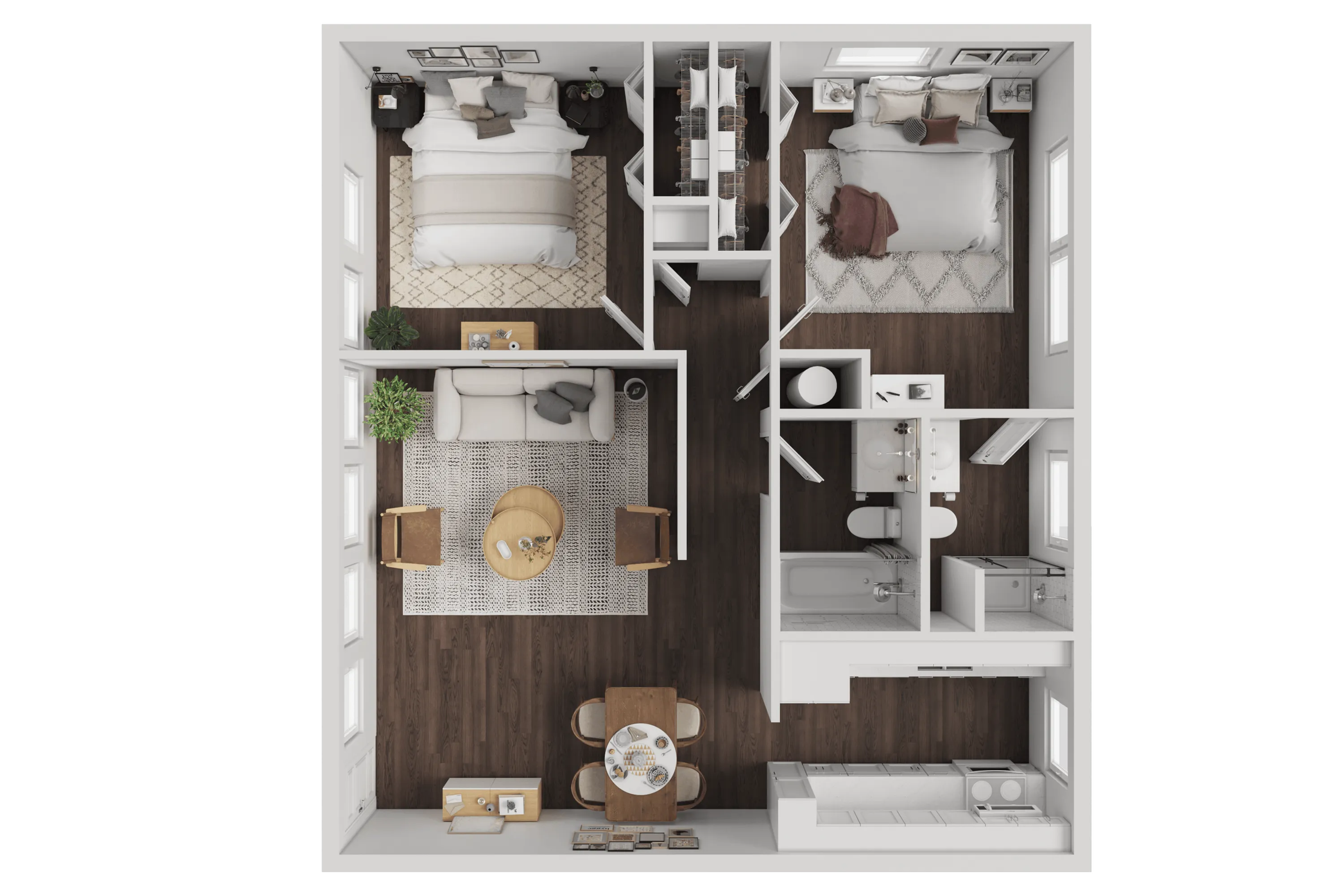 Modern apartment floor plan showcasing 2 bedrooms, spacious living area, dining space, and sleek kitchen with hardwood flooring.