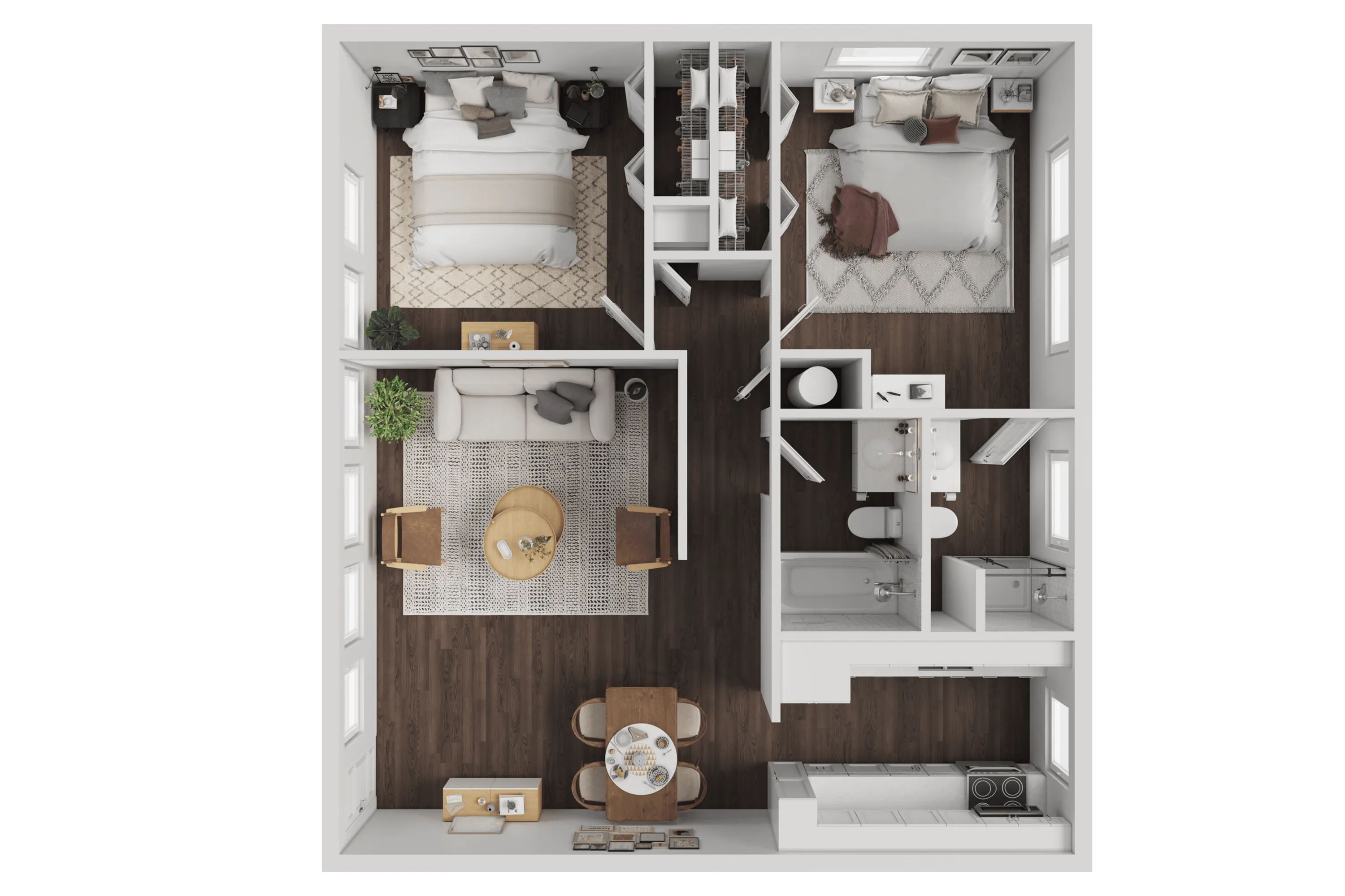 Chic floor plan showcasing 2 bedrooms, a cozy living area, modern kitchen, and bathroom, ideal for stylish living.