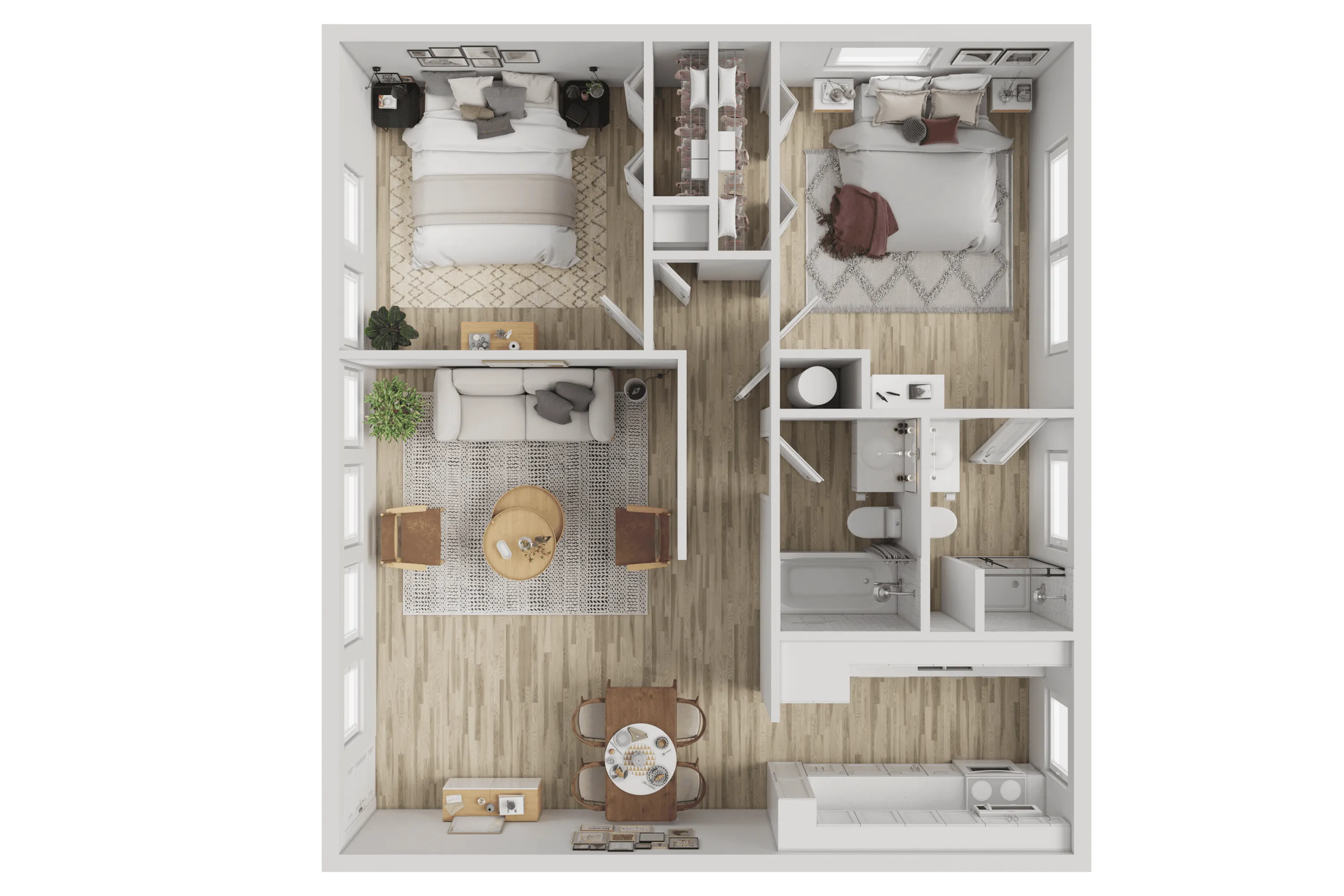 Modern apartment floor plan featuring 2 cozy bedrooms, a sleek kitchen, stylish living room, dining area, and a well-appointed bathroom.