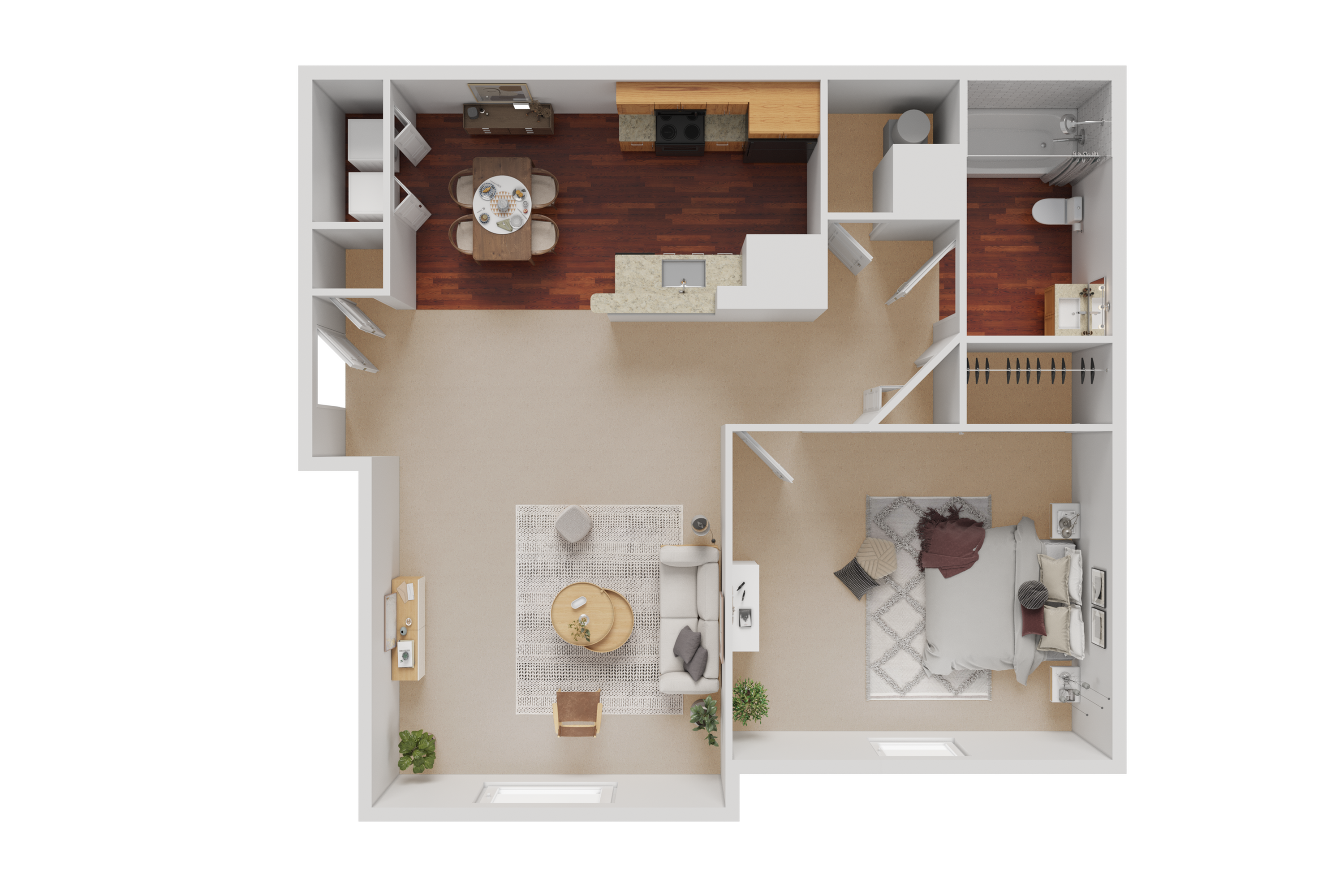 Modern 1-bedroom apartment floor plan with an open living space, cozy bedroom, and well-equipped kitchen.