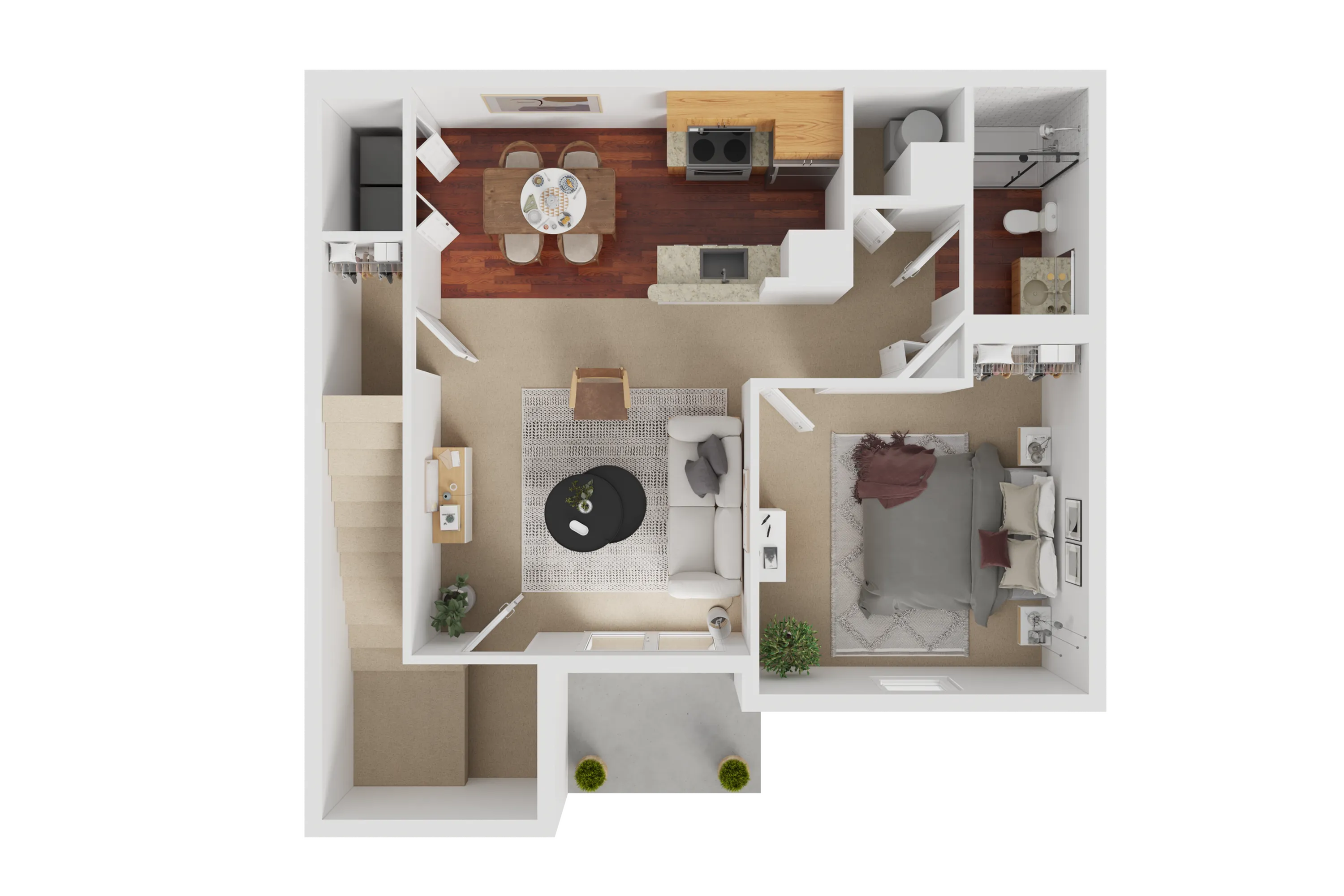 Inviting floor plan showcasing an open living area, modern kitchen, cozy bedroom, and stylish bathroom with elegant design.