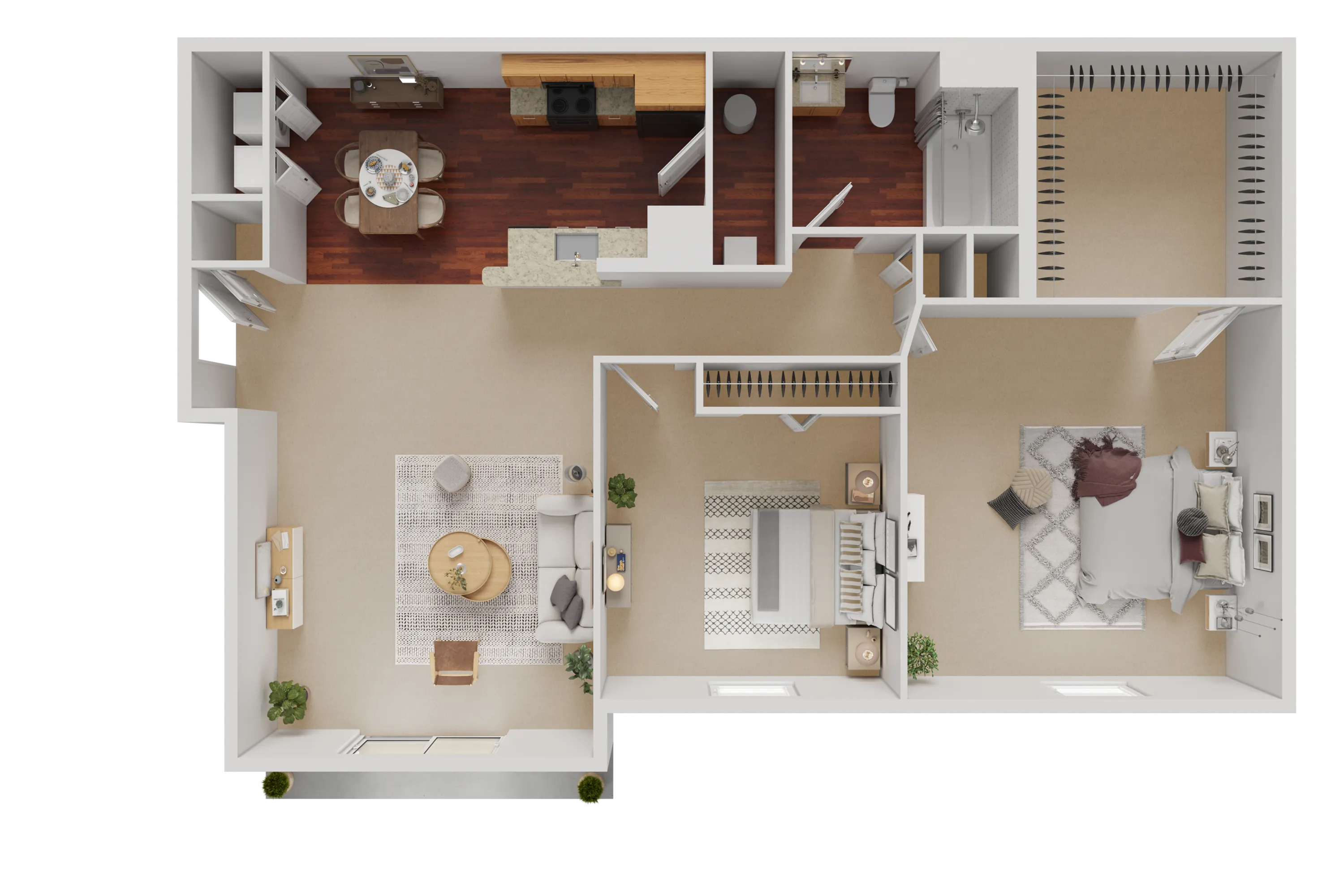 Elegant 3D floor plan showcasing a cozy layout with two bedrooms, an inviting living area, and a modern kitchen featuring rich wooden flooring.