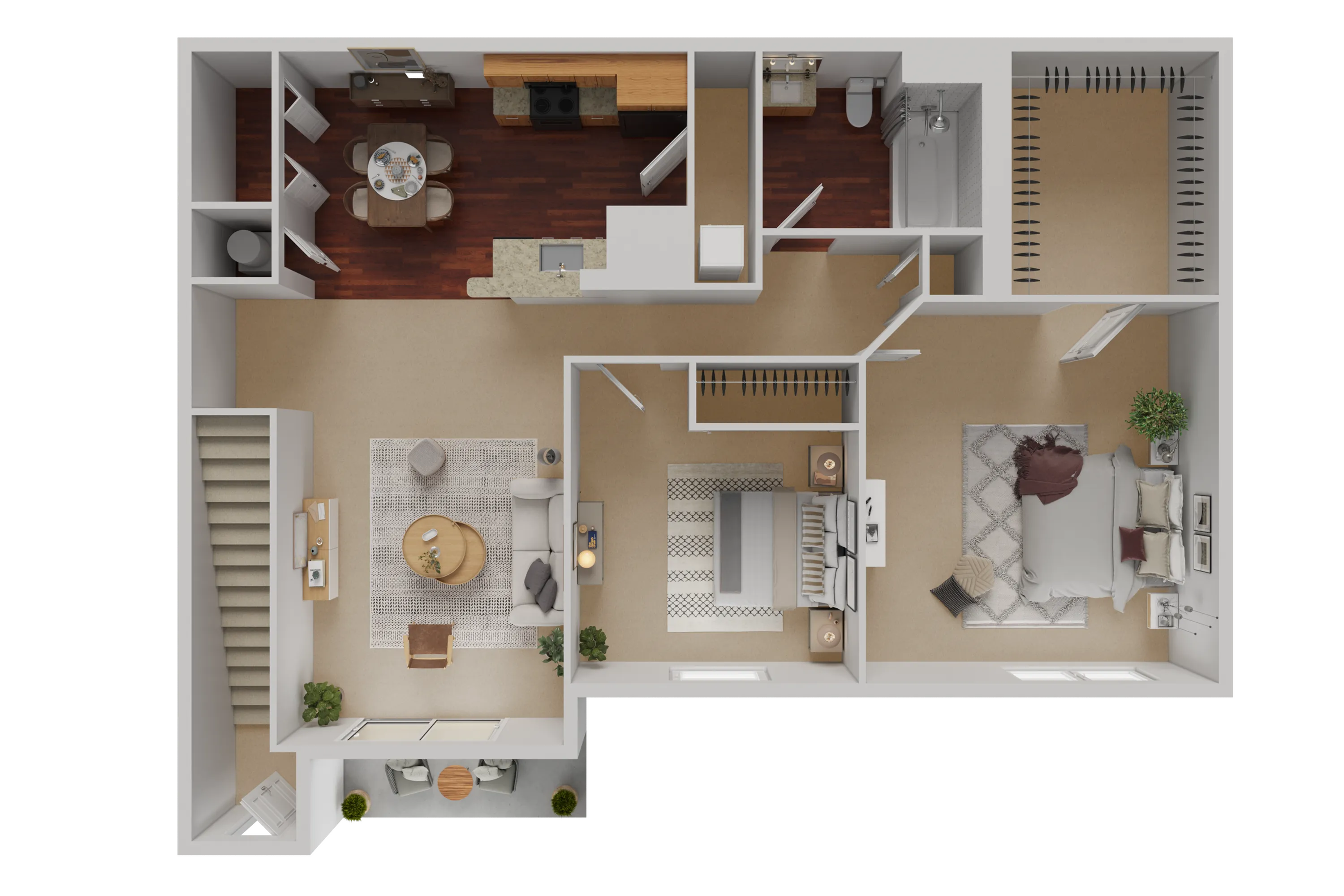 Modern 3D floor plan showcasing a chic 2-bedroom layout with an open living area, sleek kitchen, and elegant dining space, ideal for comfortable living and entertaining.