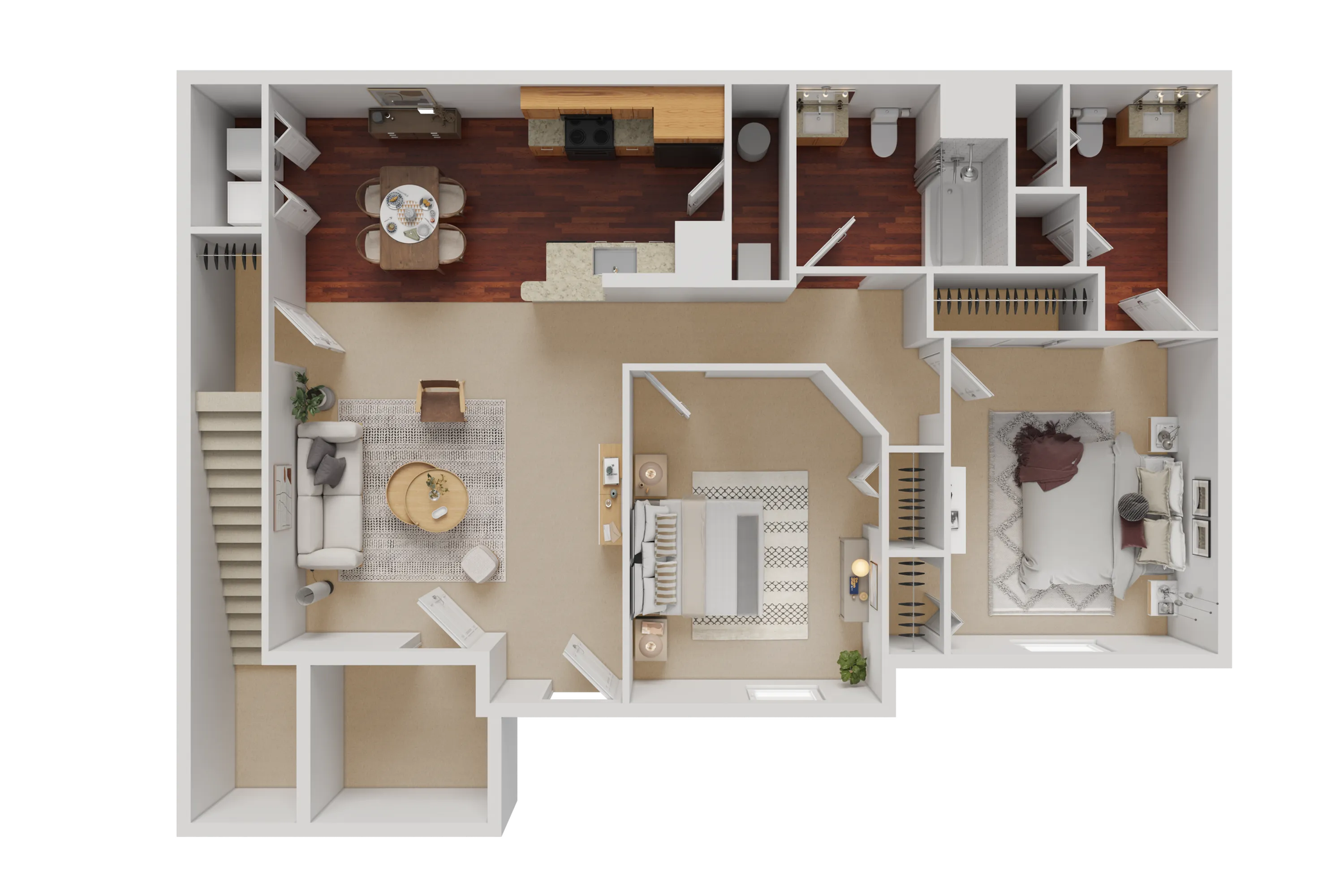 Modern 3D floor plan showcasing a spacious apartment with two cozy bedrooms, open living area, stylish kitchen, and dual bathrooms.