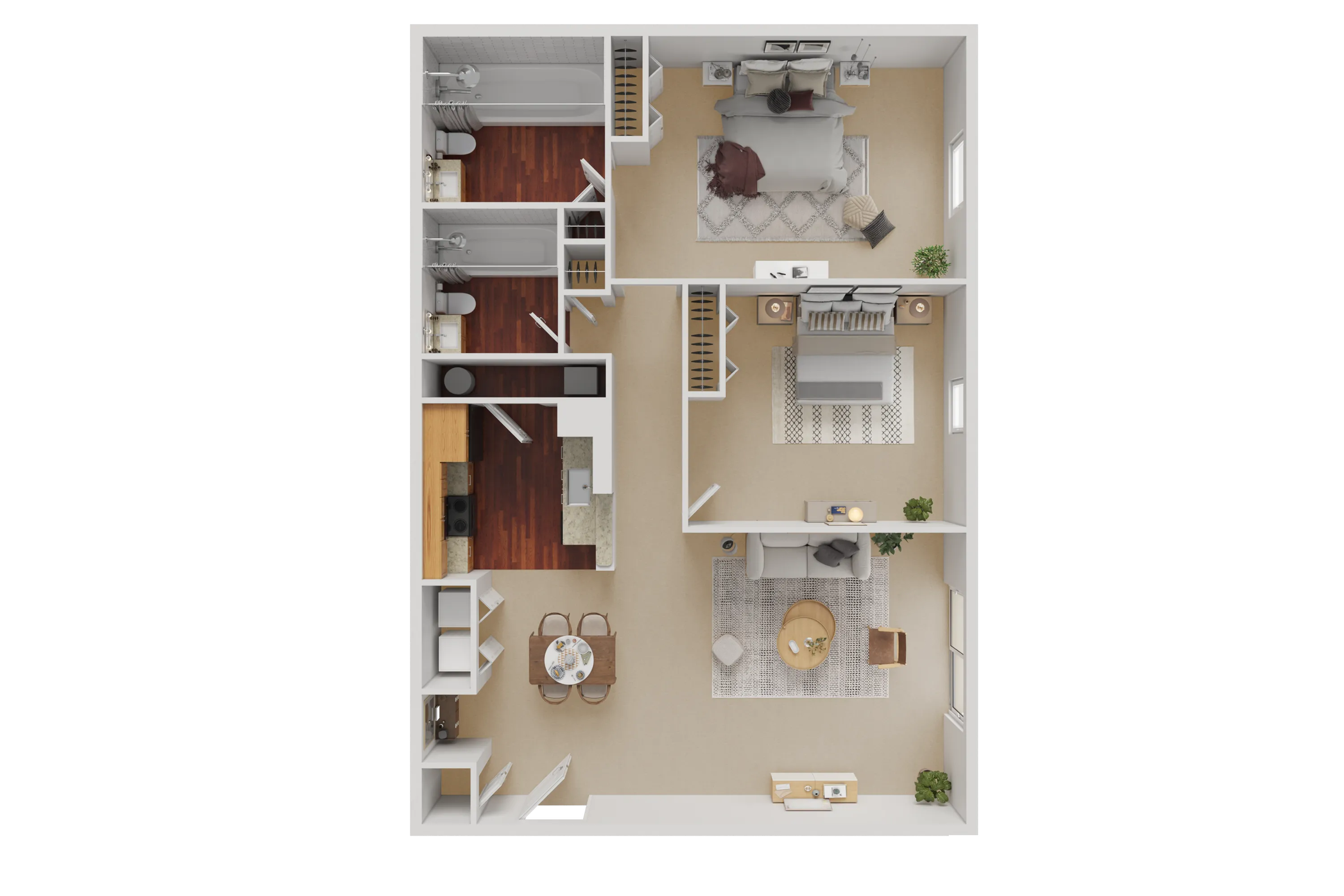 Elegant 2-bedroom apartment floor plan featuring modern kitchen, cozy living room, and two stylish bathrooms for comfortable living.