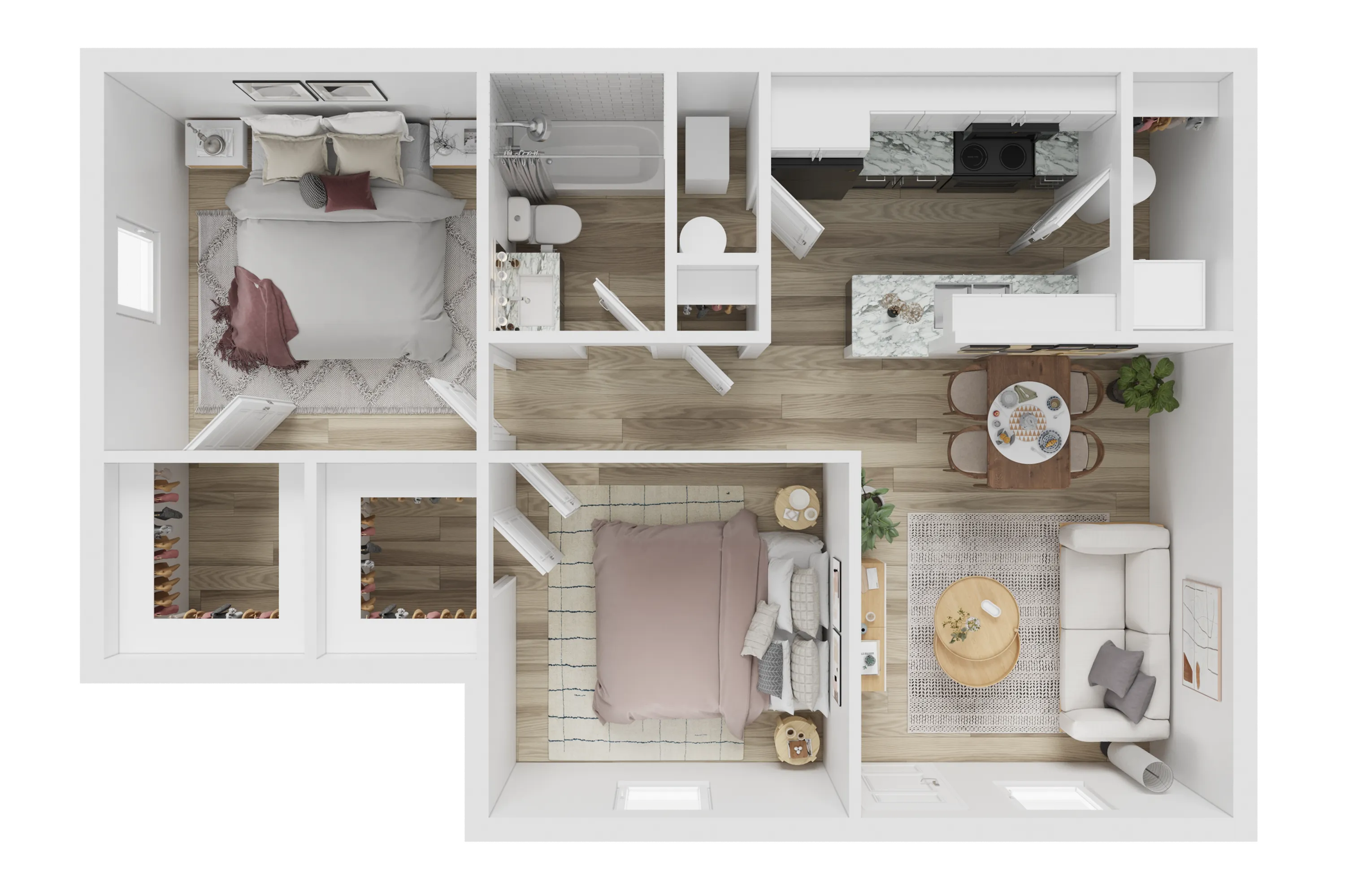 Elegant 3D floor plan showcasing two cozy bedrooms, a chic kitchen with marble countertops, and an inviting open-concept living and dining area.