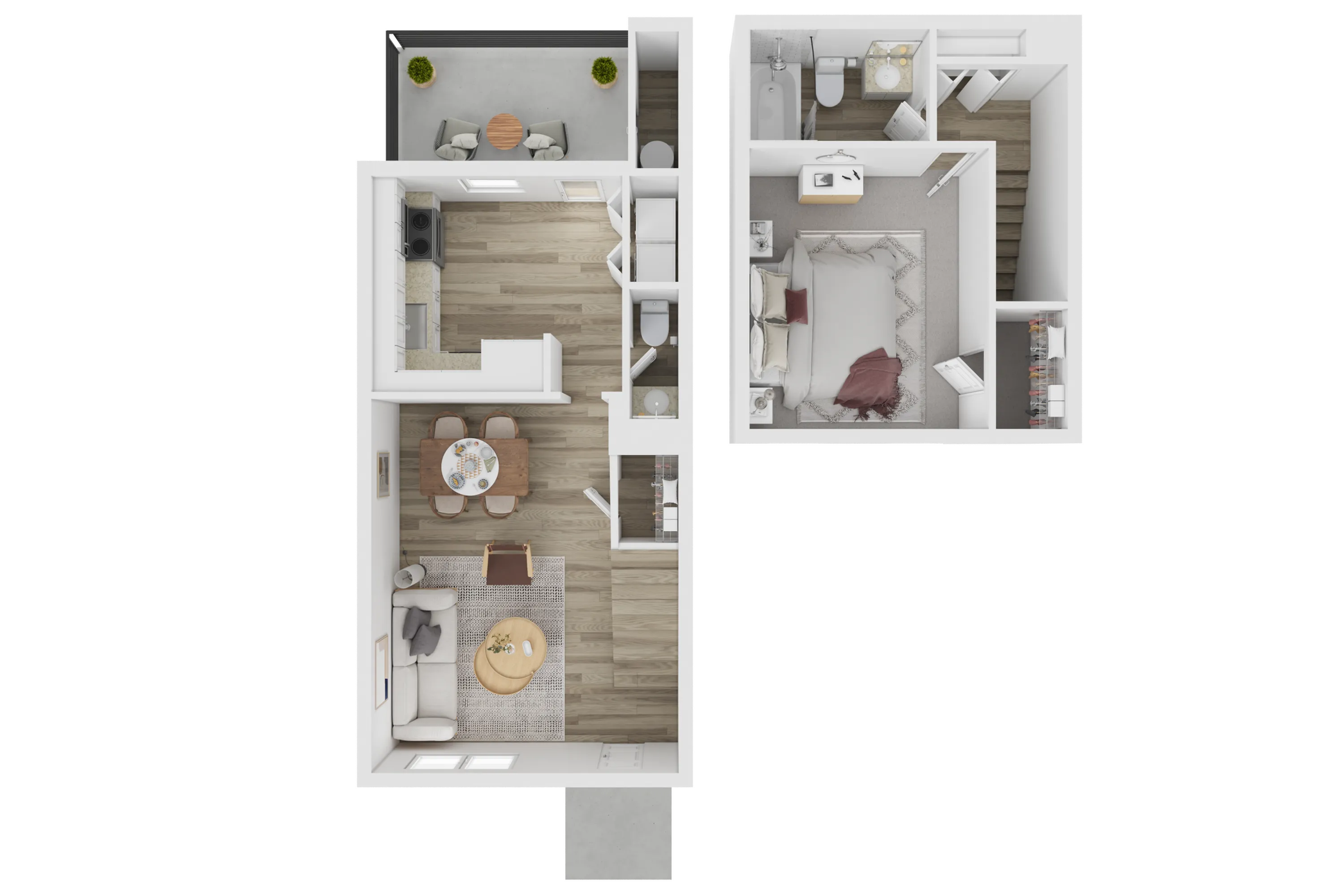 Modern two-level floor plan showcasing an open kitchen, cozy living area, dining space, balcony, and elegant bedroom with en-suite bath.