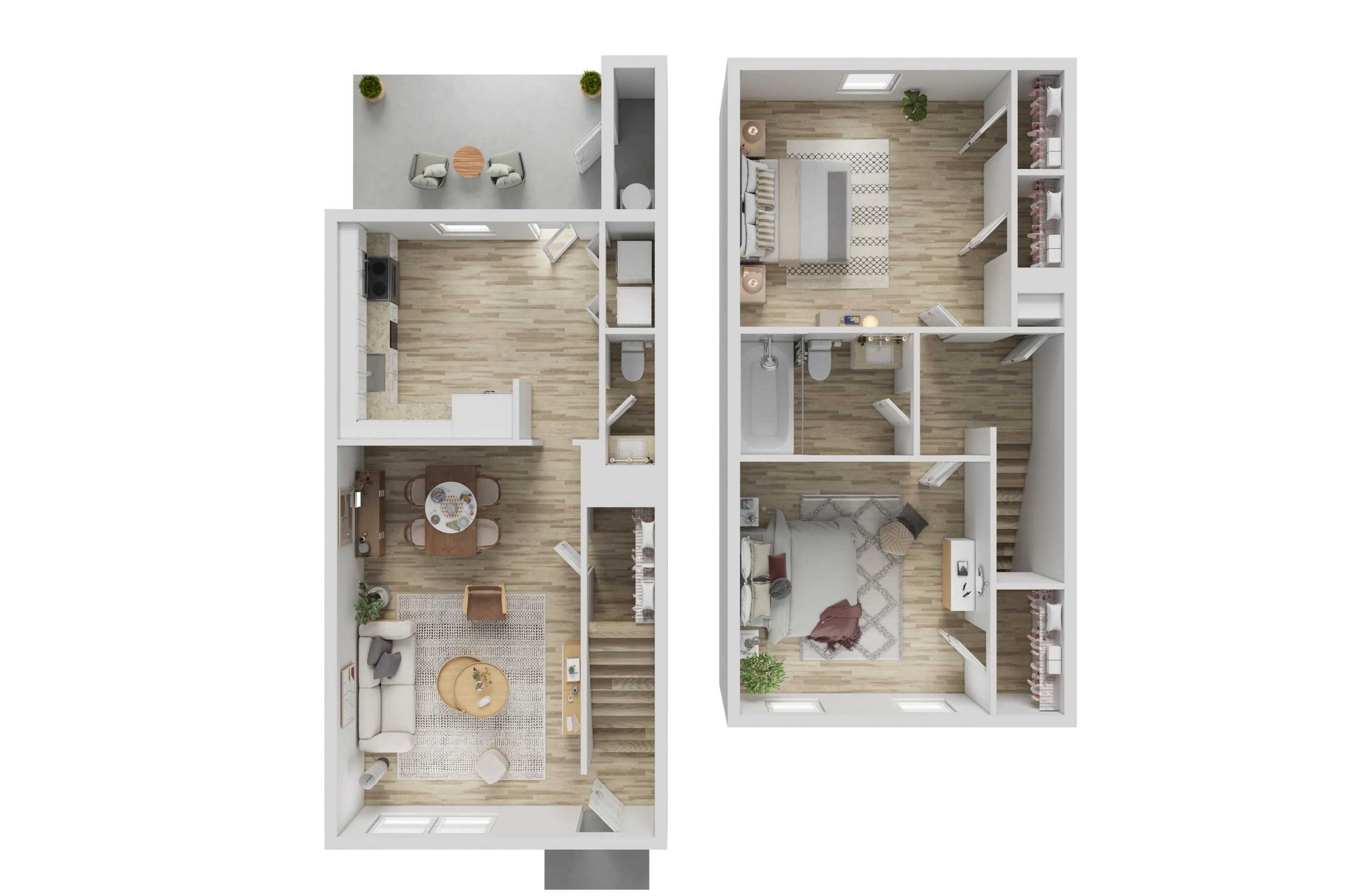 Charming 2-bedroom duplex floor plan featuring a cozy living area, modern kitchen, and stylish dining space, complete with an inviting outdoor patio.
