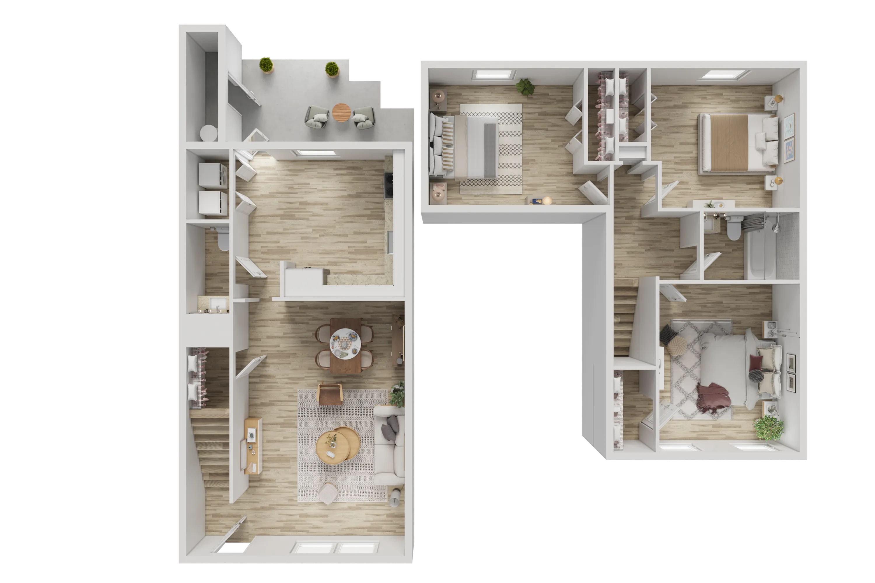 Modern 3D floor plan featuring 3 bedrooms, an inviting open-concept living and dining area, and a cozy outdoor patio. Spacious layout with elegant wooden flooring and ample natural light.