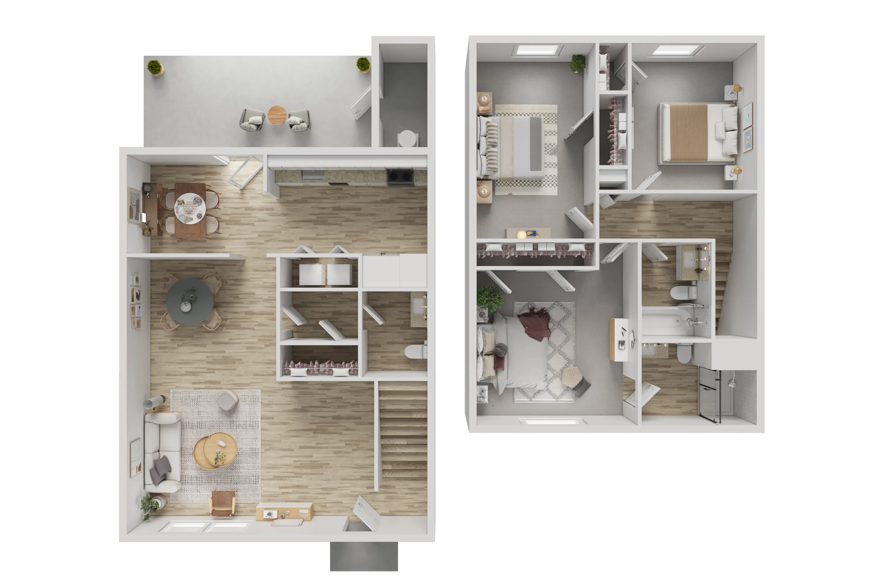 Modern 3D floor plan showcasing a two-level apartment with two bedrooms, open-concept living and dining areas, and a spacious balcony.