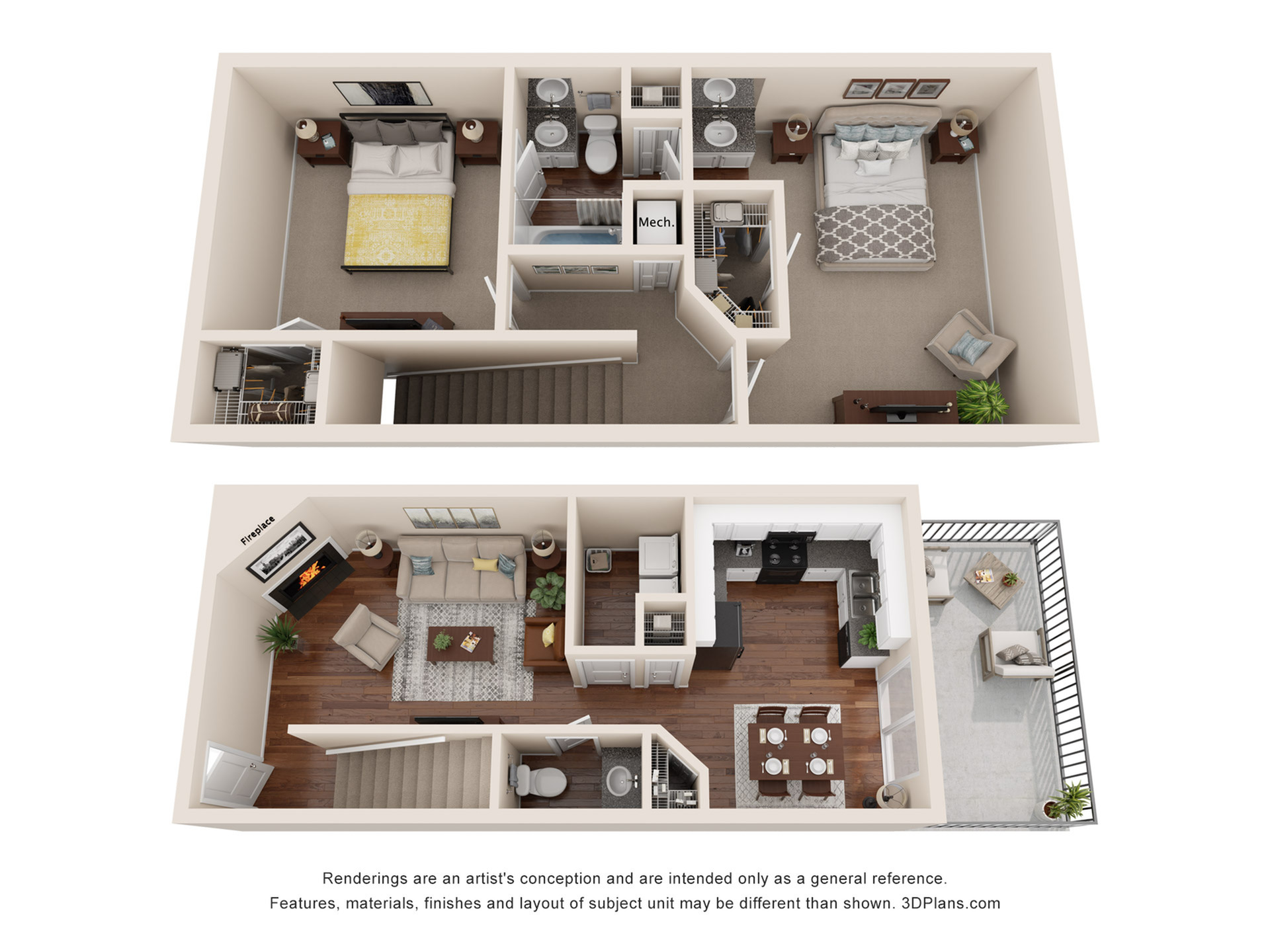 Charming duplex floor plan featuring two cozy bedrooms, welcoming living area with a fireplace, modern kitchen with dining space, and a private balcony for relaxation.