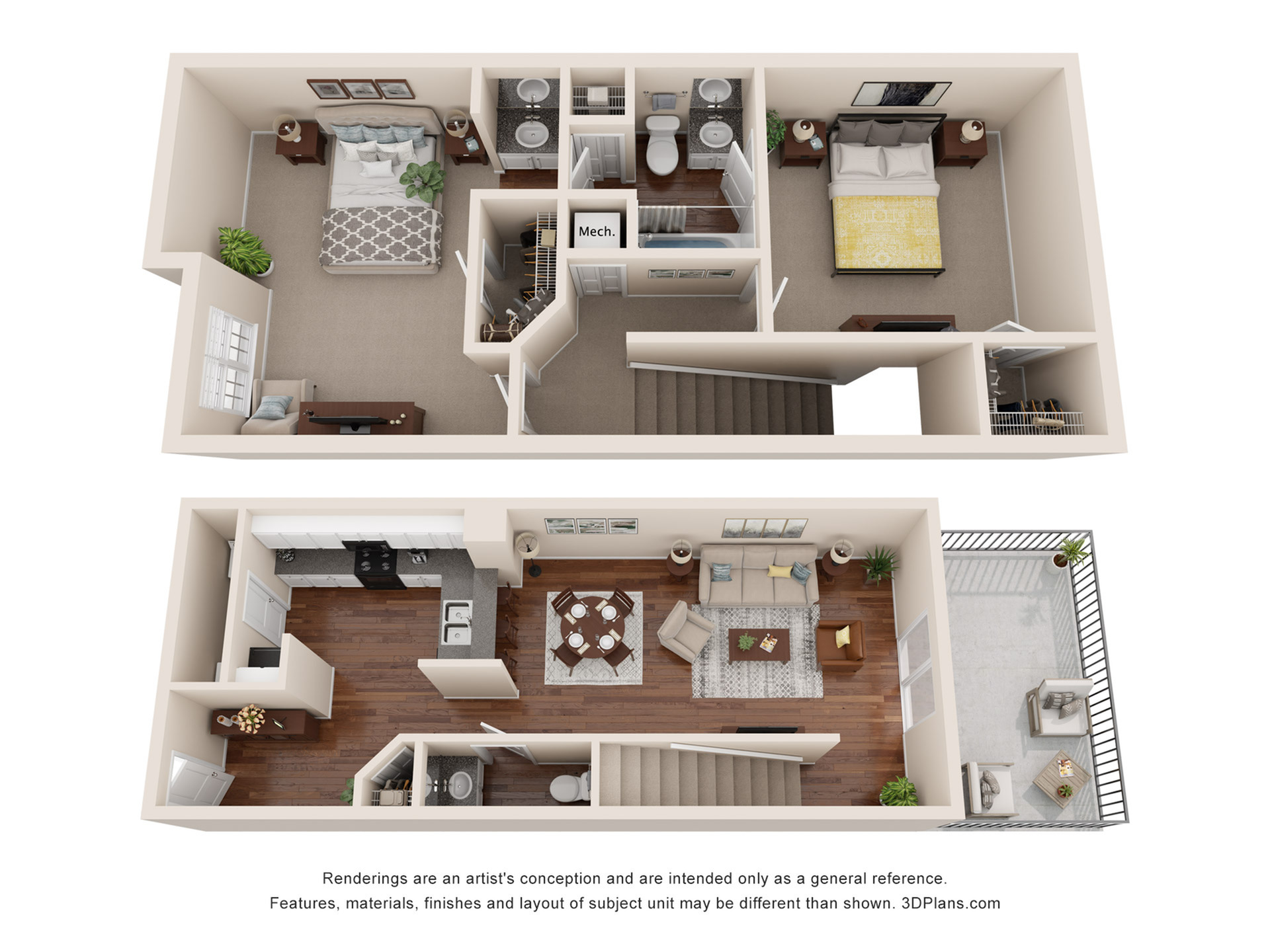 Spacious two-story floor plan with 2 cozy bedrooms, modern kitchen, open living area, and private balcony for elegant living.
