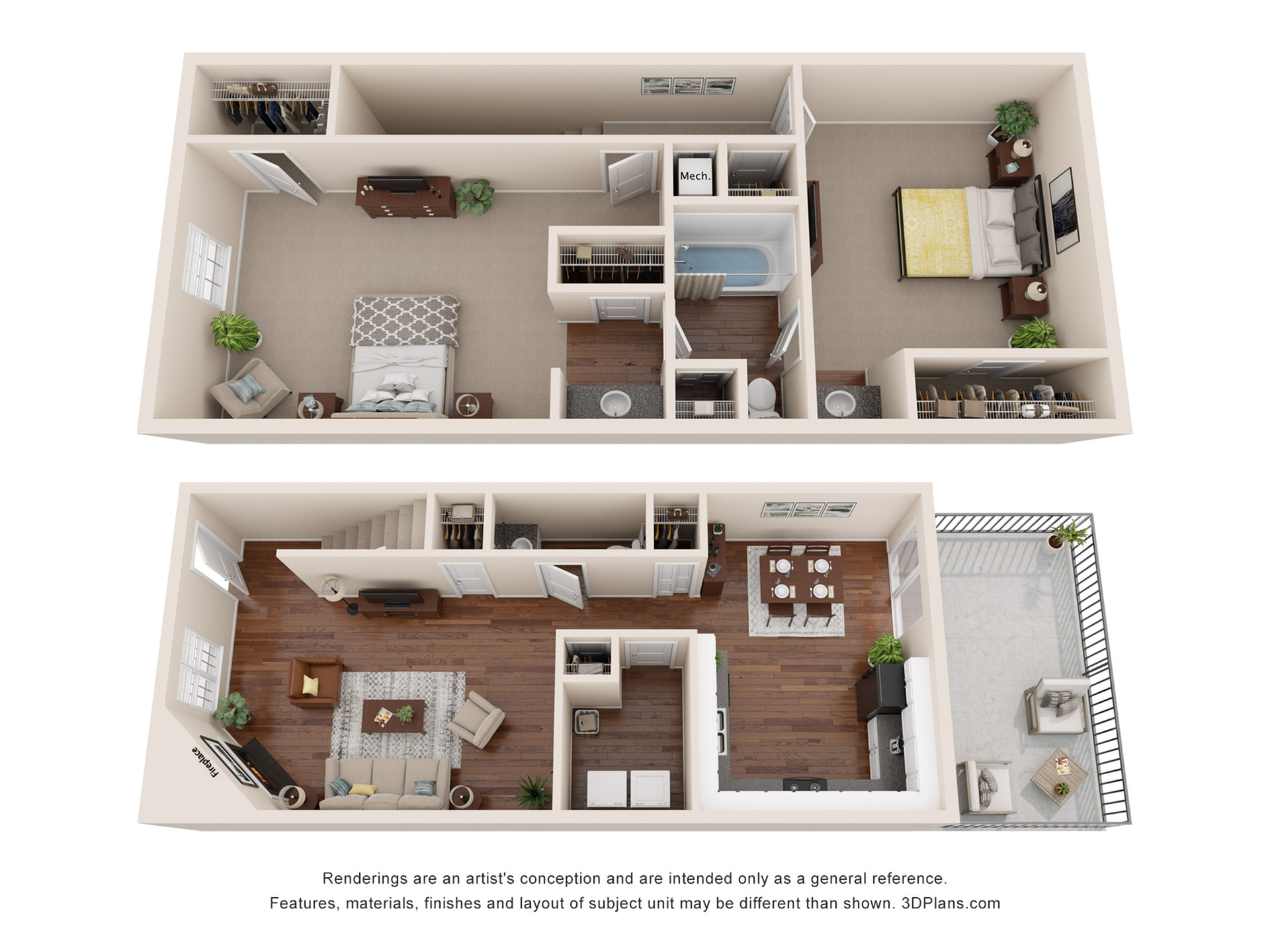 Sleek 3D floor plan showcasing 2 spacious bedrooms, inviting open-plan kitchen and living area, and stylish balcony, perfect for modern living.