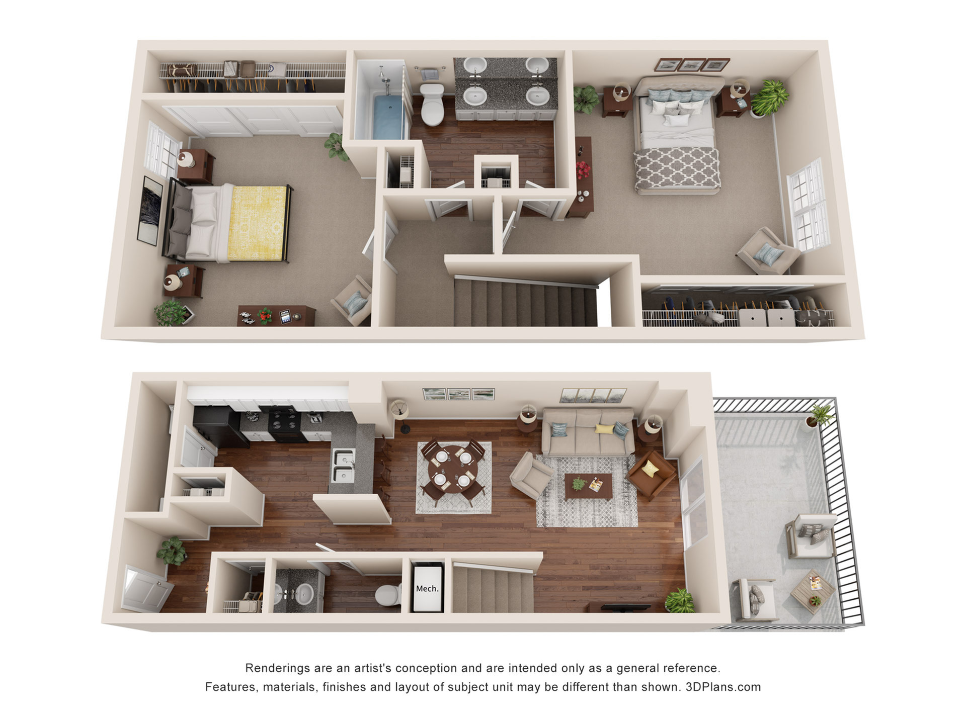 Charming 3D floor plan showcasing a spacious two-story apartment with 2 sleek bedrooms, modern kitchen, inviting living area, and a private balcony.