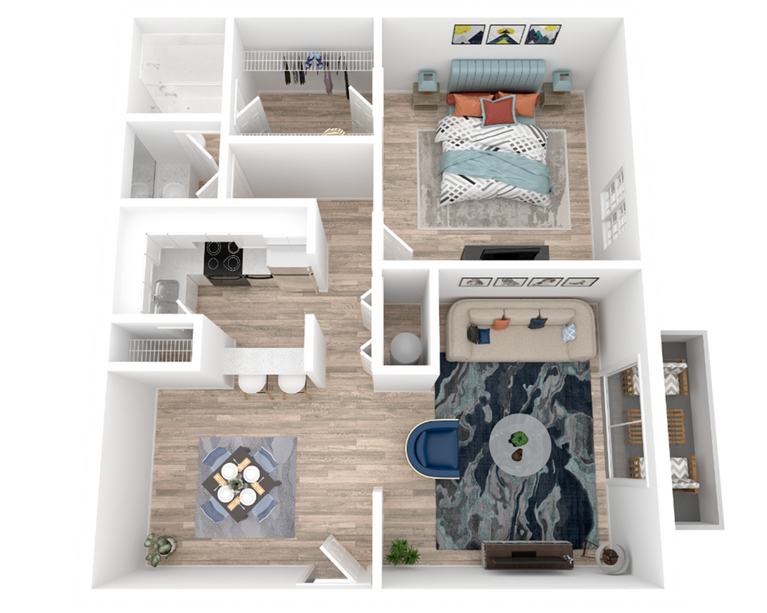 Modern 2D floor plan featuring a spacious 1-bedroom layout with an open-concept living area, contemporary kitchen, cozy dining space, and elegant bathroom.