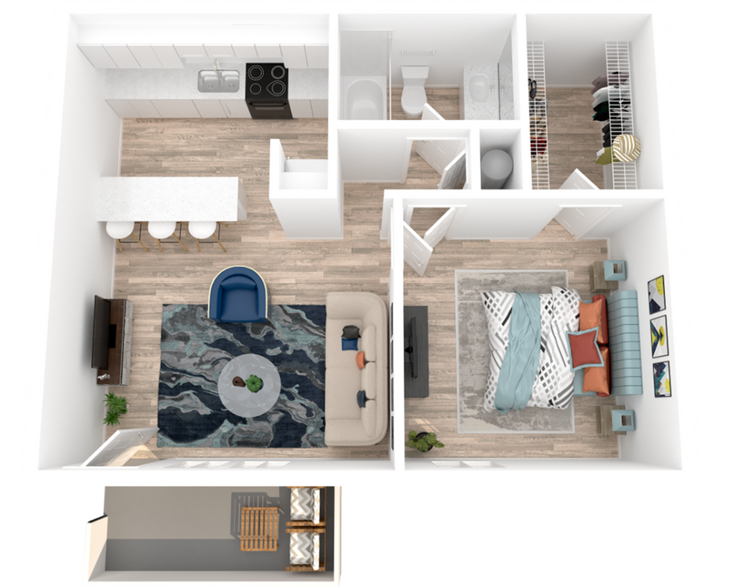 Modern 3D floor plan showcasing a cozy one-bedroom apartment with an open-concept living area, stylish kitchen, and inviting balcony.