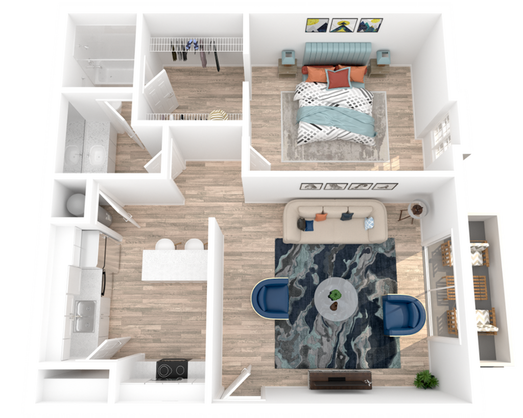 Contemporary 1-bedroom apartment floor plan featuring open-concept living area, stylish kitchen, and cozy dining nook.