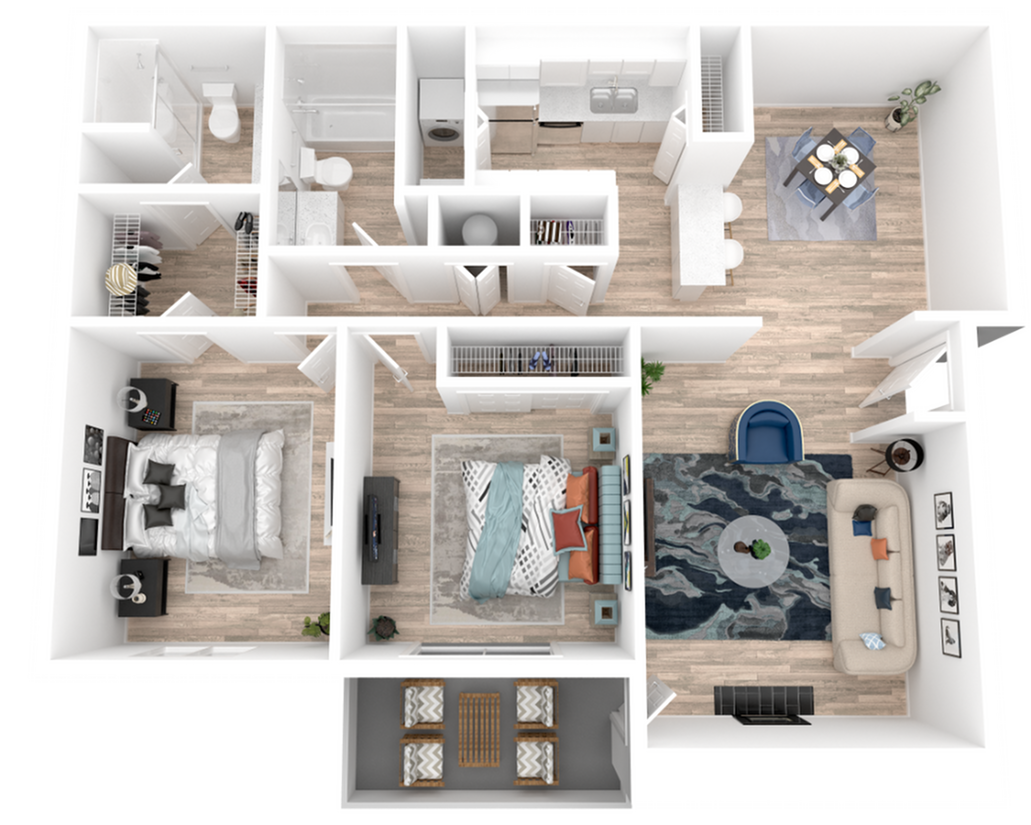 Contemporary 3D floor plan showcasing 2 stylish bedrooms, open living space, modern kitchen, and dining area with chic decor.