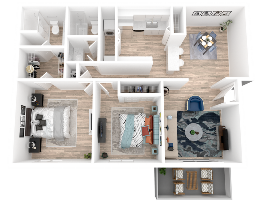 Modern 3D floor plan showcasing 2 bedrooms, sleek kitchen, cozy living room, and elegant dining area with balcony access.