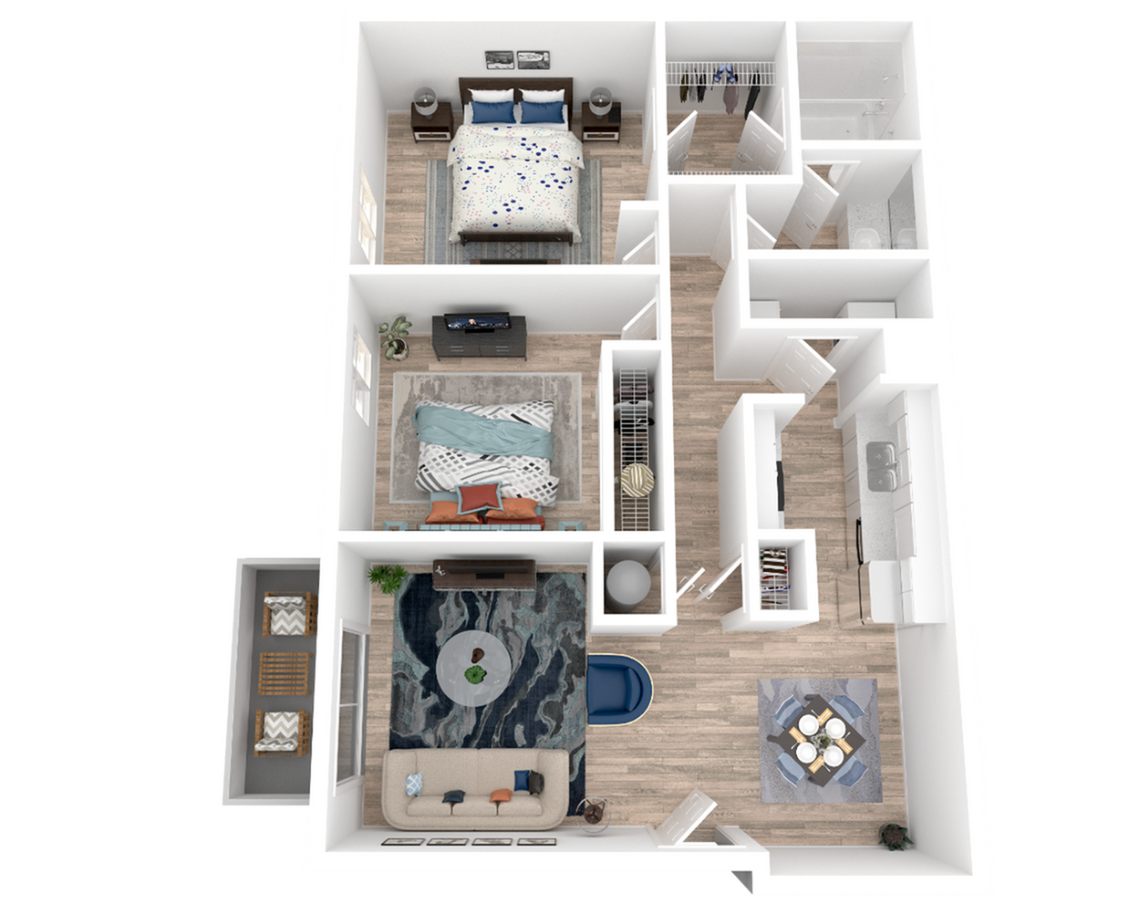 Inviting 3D floor plan showcasing a modern apartment with two bedrooms, cozy living area, stylish kitchen, and balcony seating.