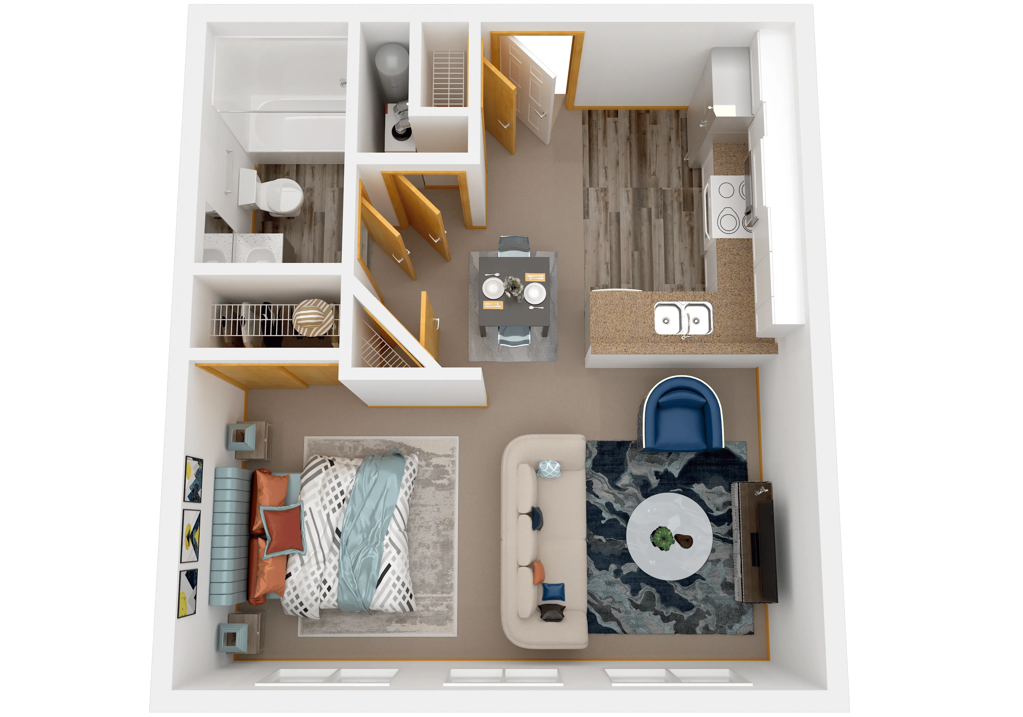 Modern 3D floor plan showcasing a cozy one-bedroom apartment with an elegant living room, stylish kitchen, and well-appointed bathroom.