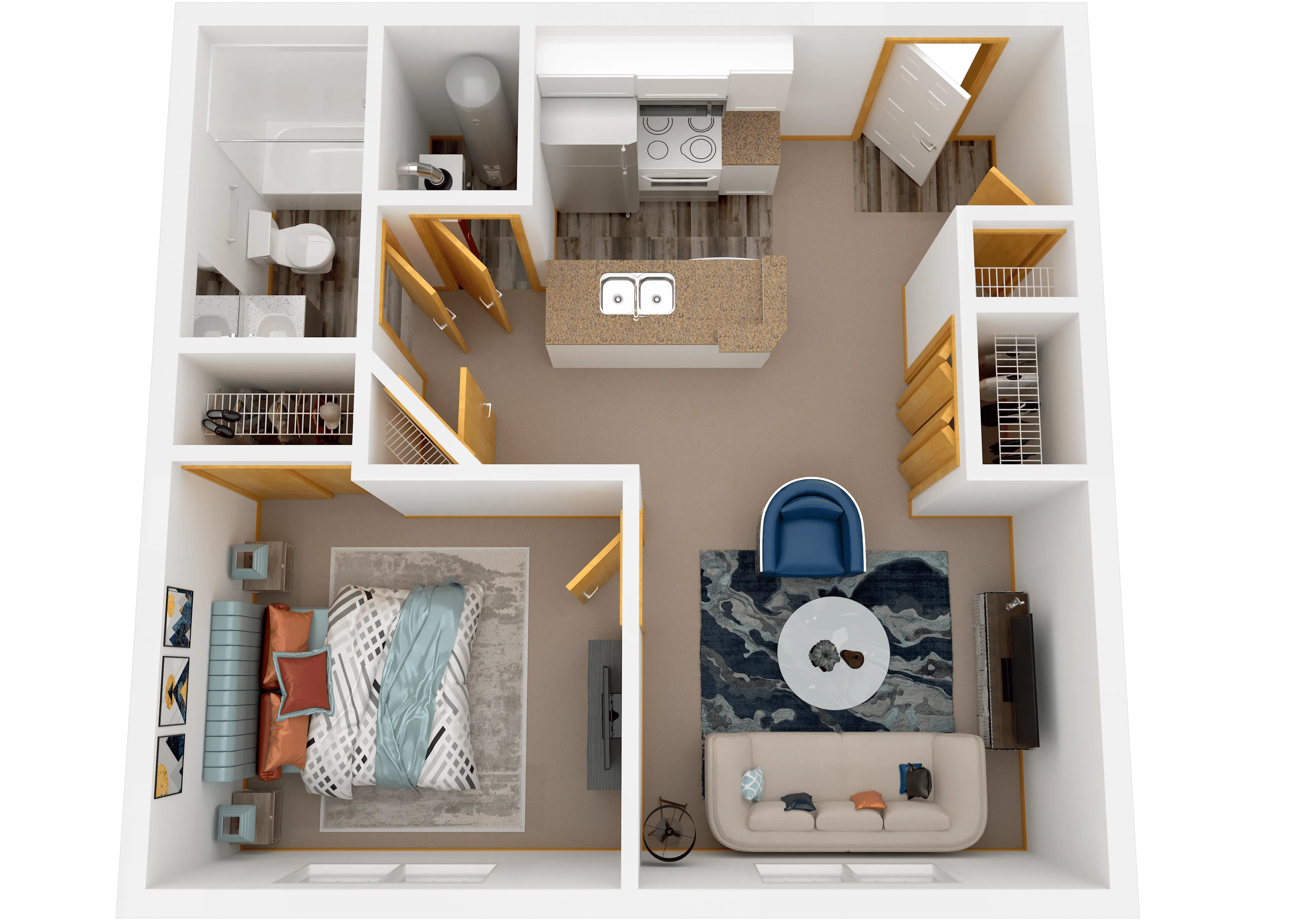 Modern apartment floor plan featuring a cozy bedroom, sleek kitchen with island, stylish living room, and contemporary bathroom.